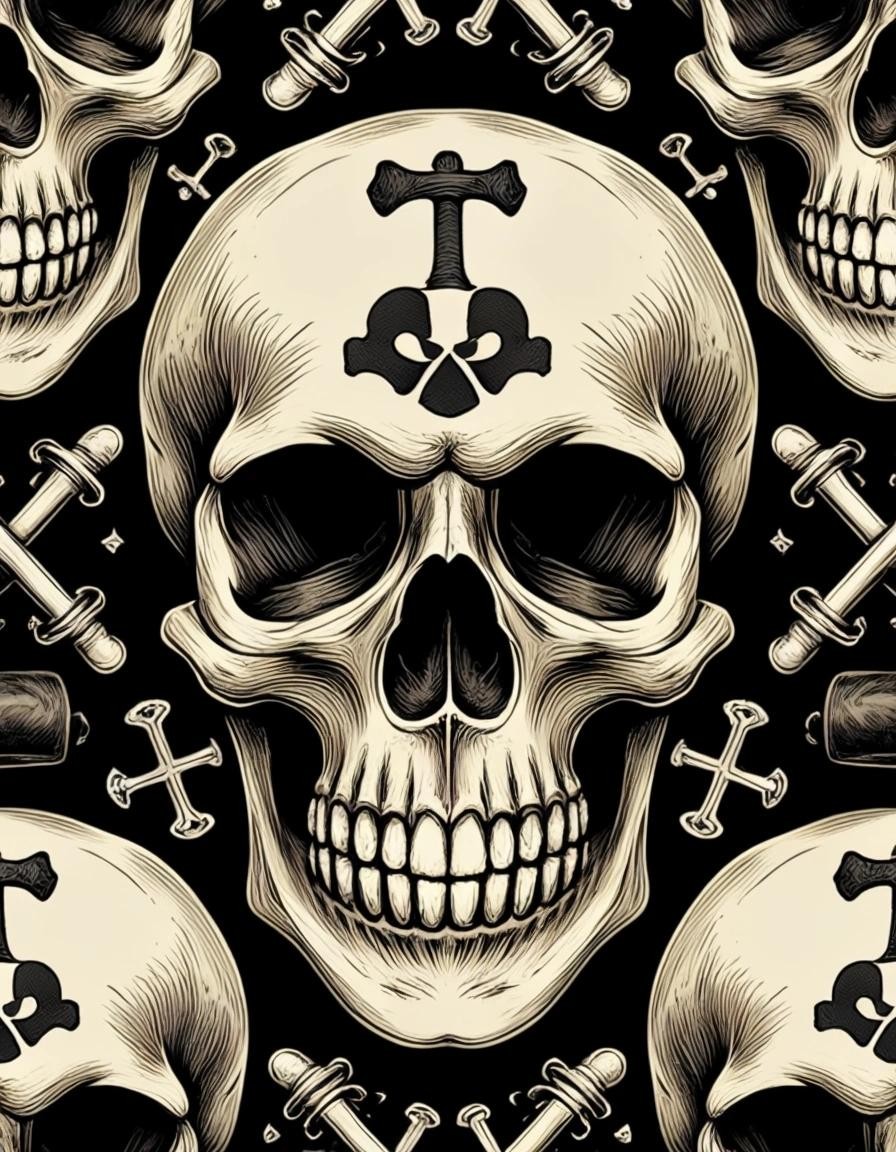 Image with seed 2329439457 generated via Stable Diffusion through @stablehorde@sigmoid.social. Prompt: skull and crossbones, repeating pattern, piracy, realistic, detailed, friendly