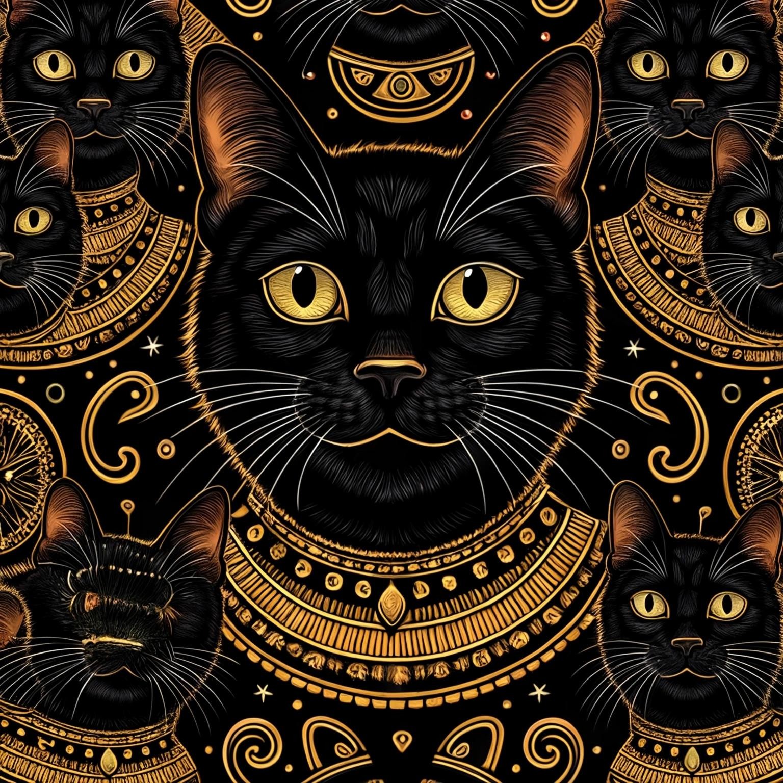 Image with seed 2566852706 generated via Stable Diffusion through @stablehorde@sigmoid.social. Prompt: happy black cats, repeating pattern, piracy, technology, internet, detailed, high resolution, realistic, ancient Mayan art