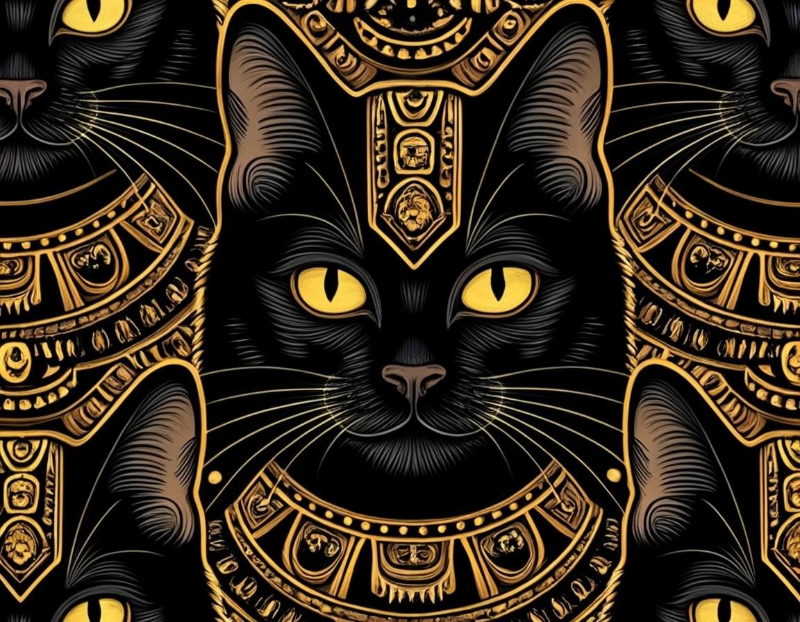 Image with seed 1837832477 generated via Stable Diffusion through @stablehorde@sigmoid.social. Prompt: happy black cats, repeating pattern, piracy, technology, internet, detailed, high resolution, realistic, ancient Mayan art