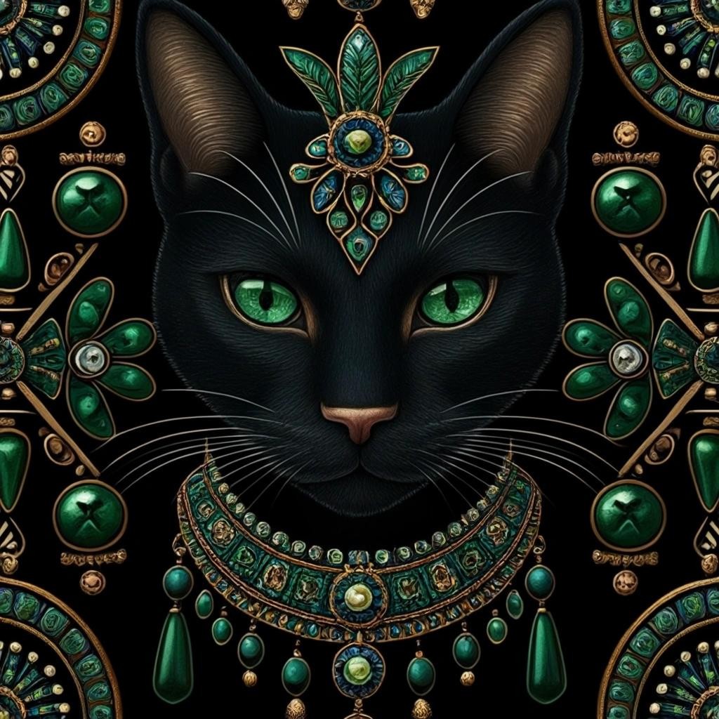Image with seed 2886715815 generated via Stable Diffusion through @stablehorde@sigmoid.social. Prompt: ancient Mayan black cats, dark green velvet, diamonds, emeralds, sapphire, pearls, high detail, realistic, repeating pattern
