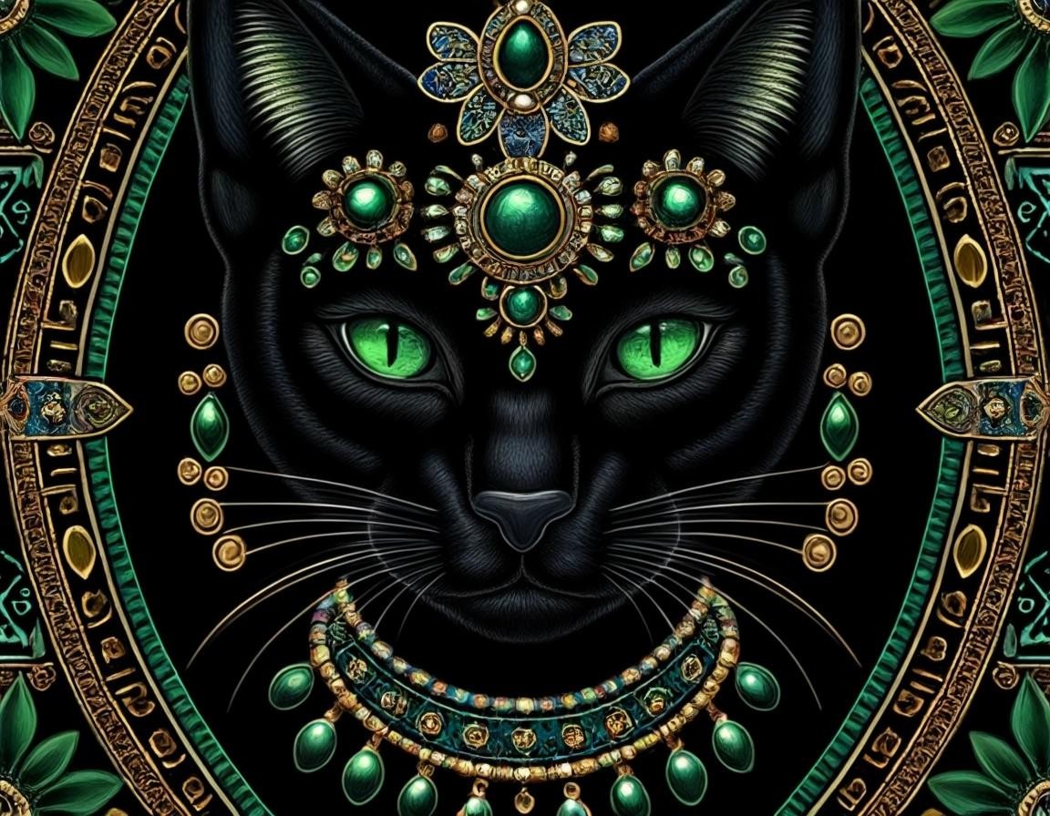 Image with seed 4115385074 generated via Stable Diffusion through @stablehorde@sigmoid.social. Prompt: ancient Mayan black cats, dark green velvet, diamonds, emeralds, sapphire, pearls, high detail, realistic, repeating pattern
