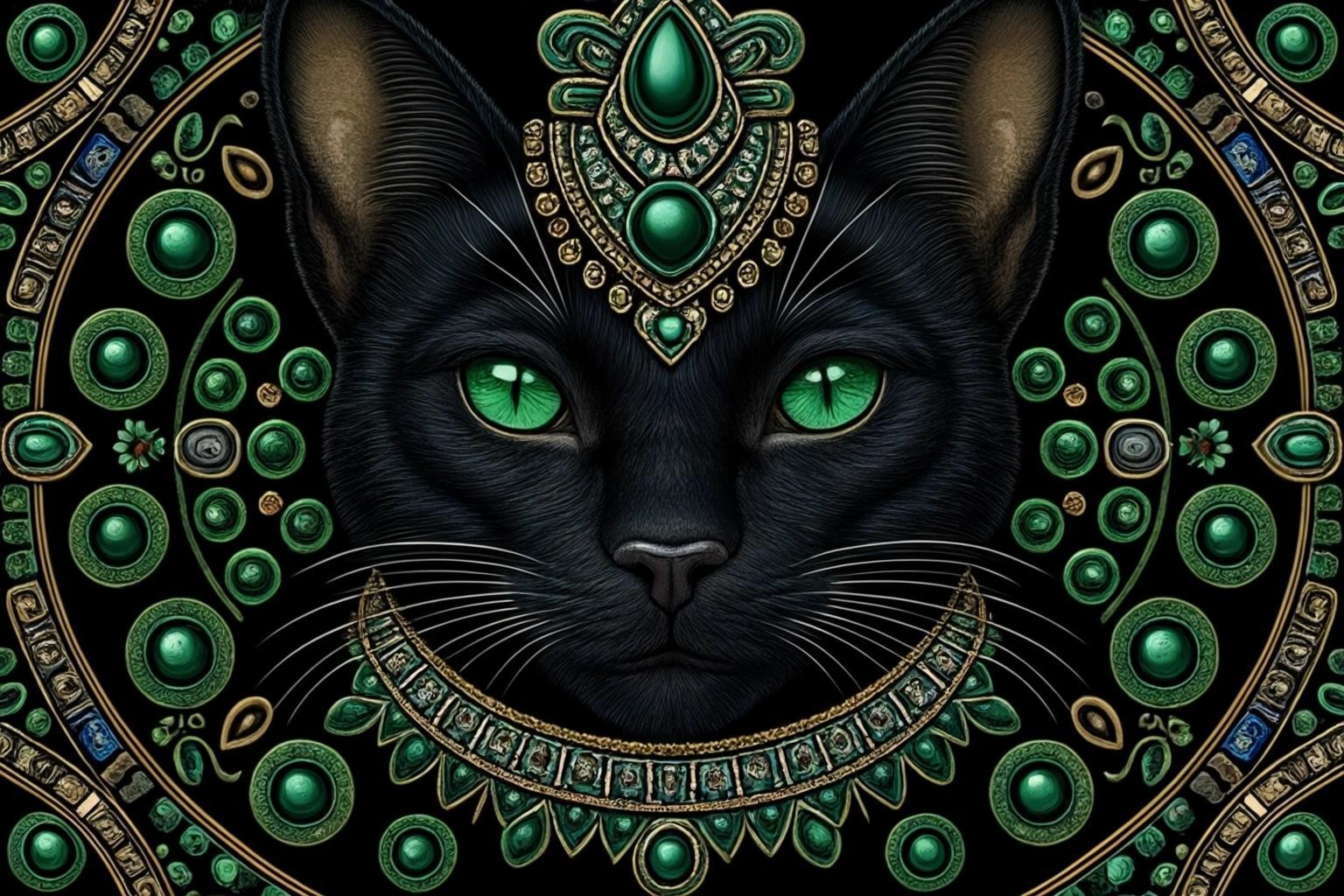 Image with seed 770288591 generated via Stable Diffusion through @stablehorde@sigmoid.social. Prompt: ancient Mayan black cats, dark green velvet, diamonds, emeralds, sapphire, pearls, high detail, realistic, repeating pattern