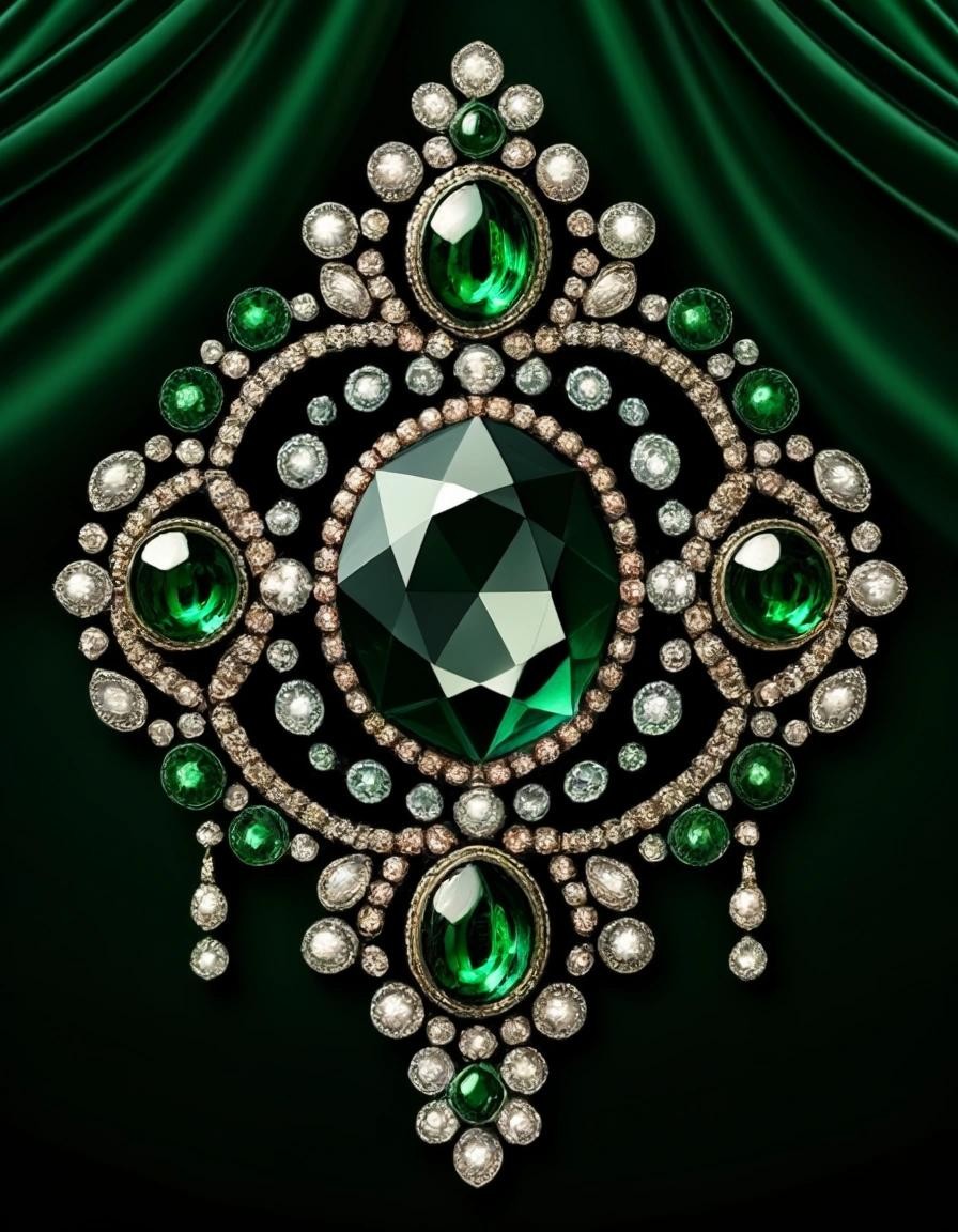 Image with seed 4122958707 generated via Stable Diffusion through @stablehorde@sigmoid.social. Prompt: dark green velvet, diamonds, sapphires, pearls, emeralds, realistic, high detail, background