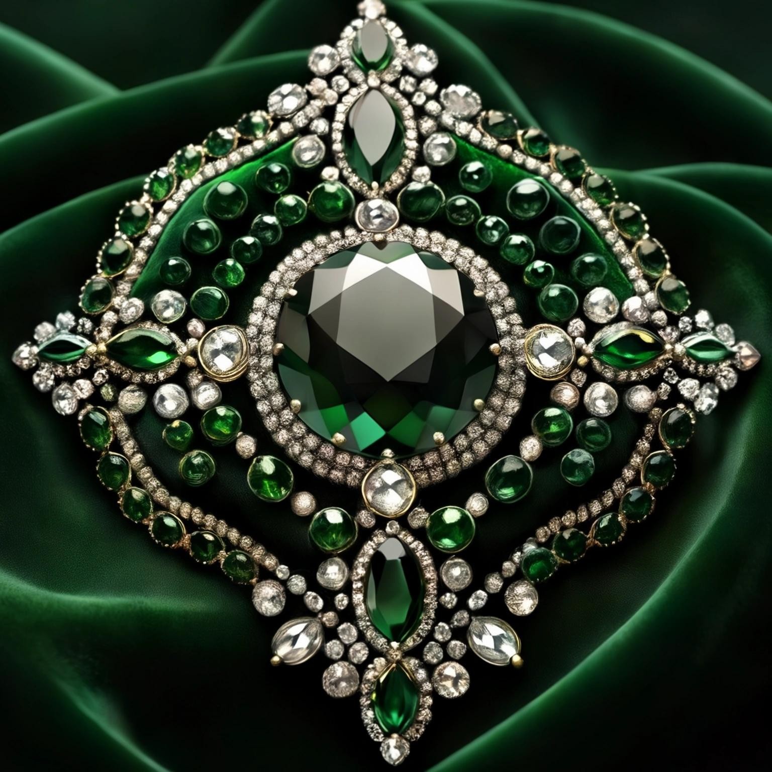 Image with seed 1935319644 generated via Stable Diffusion through @stablehorde@sigmoid.social. Prompt: dark green velvet, diamonds, sapphires, pearls, emeralds, realistic, high detail, background