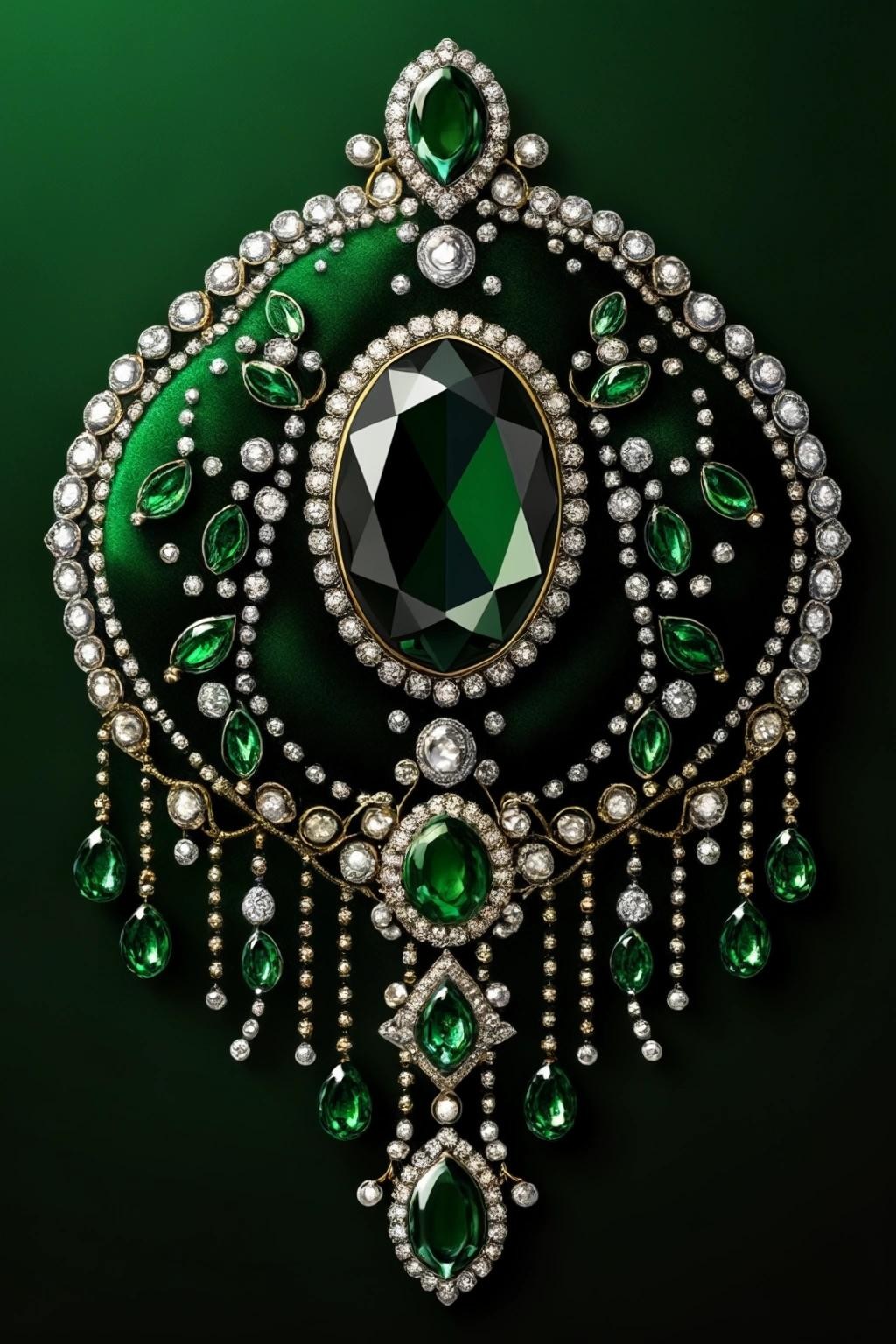 Image with seed 3497717712 generated via Stable Diffusion through @stablehorde@sigmoid.social. Prompt: dark green velvet, diamonds, sapphires, pearls, emeralds, realistic, high detail, background