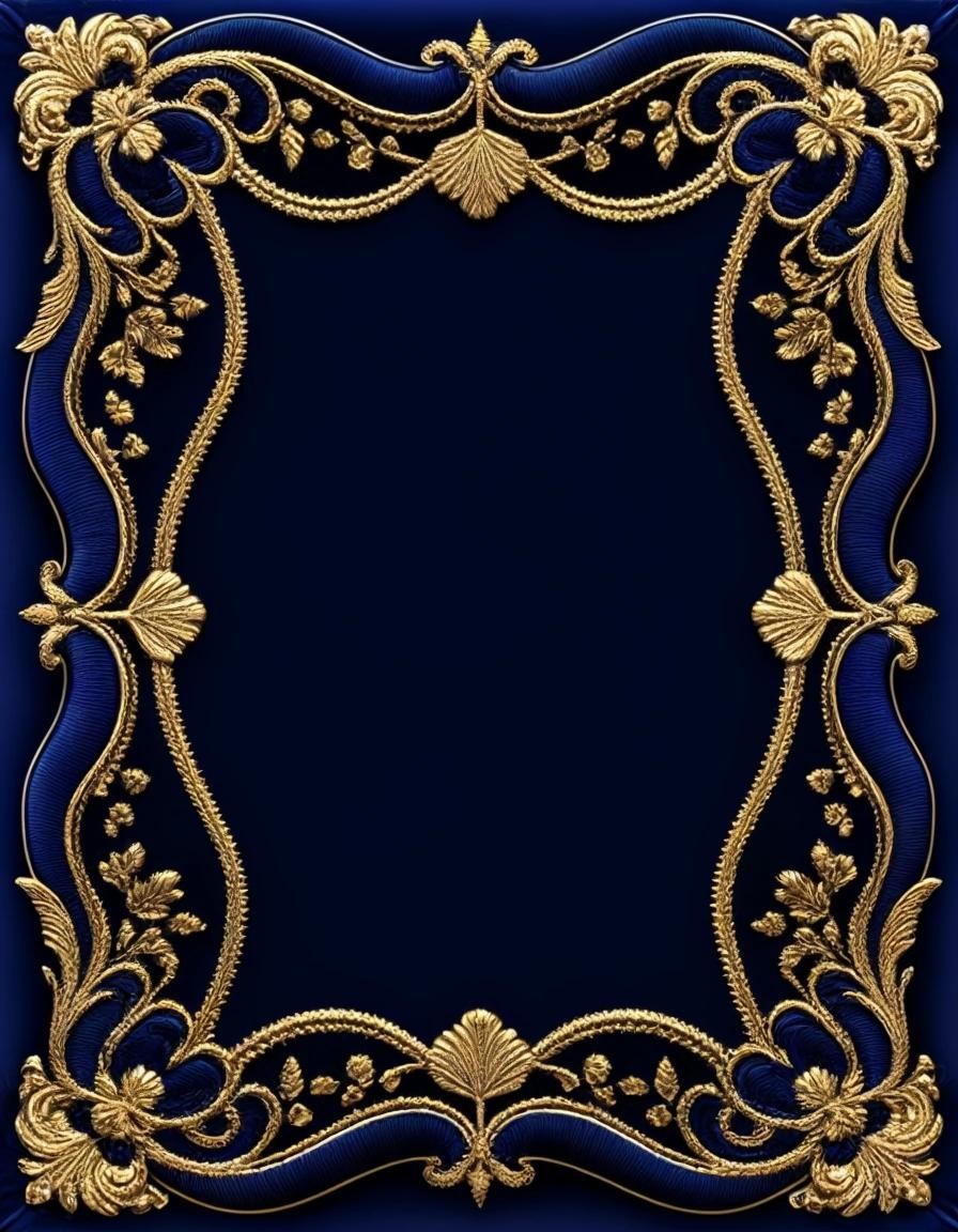 Image with seed 3676683616 generated via Stable Diffusion through @stablehorde@sigmoid.social. Prompt: navy blue crushed velvet background, gold embroidered border, high detail, realistic, background