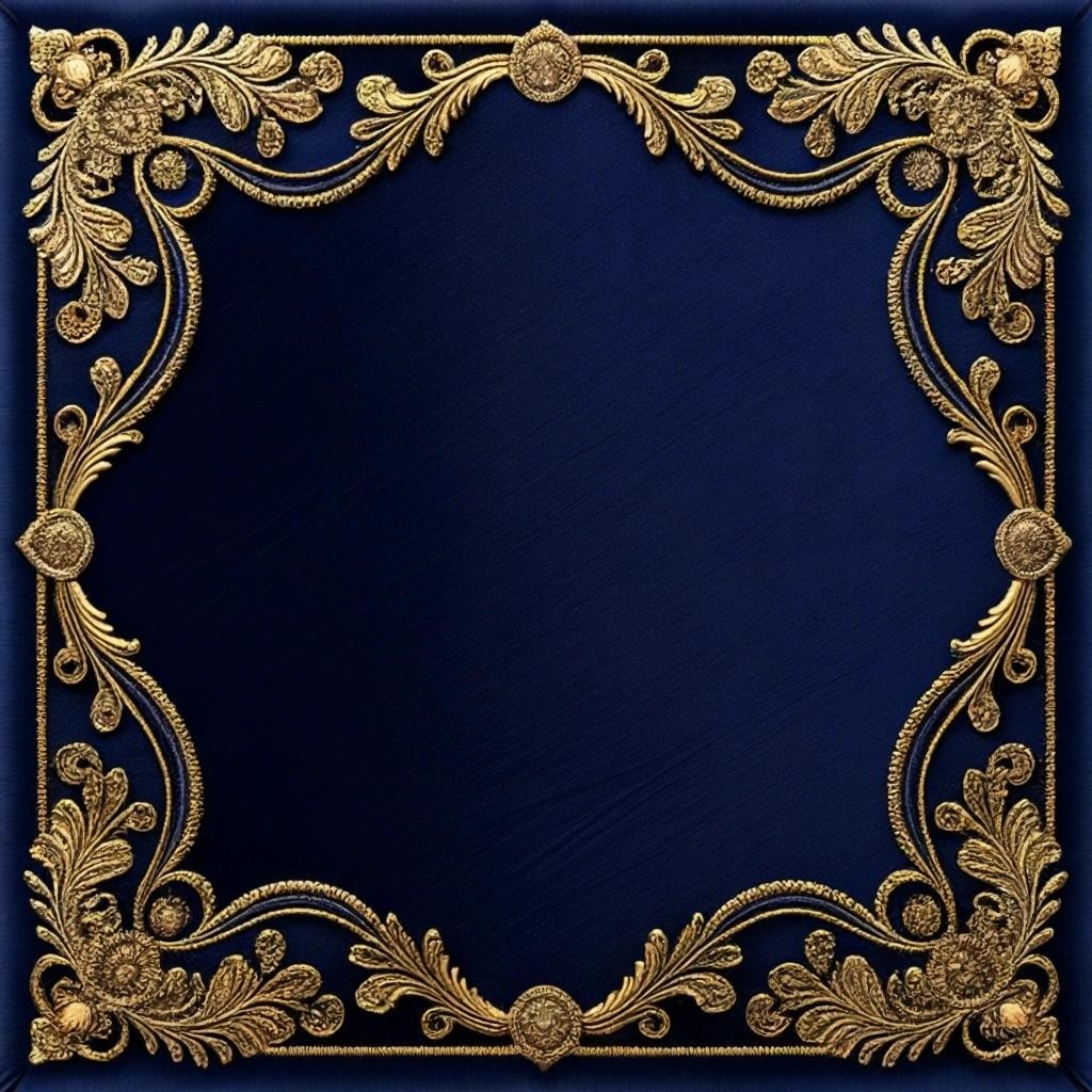 Image with seed 1647940028 generated via Stable Diffusion through @stablehorde@sigmoid.social. Prompt: navy blue crushed velvet background, gold embroidered border, high detail, realistic, background