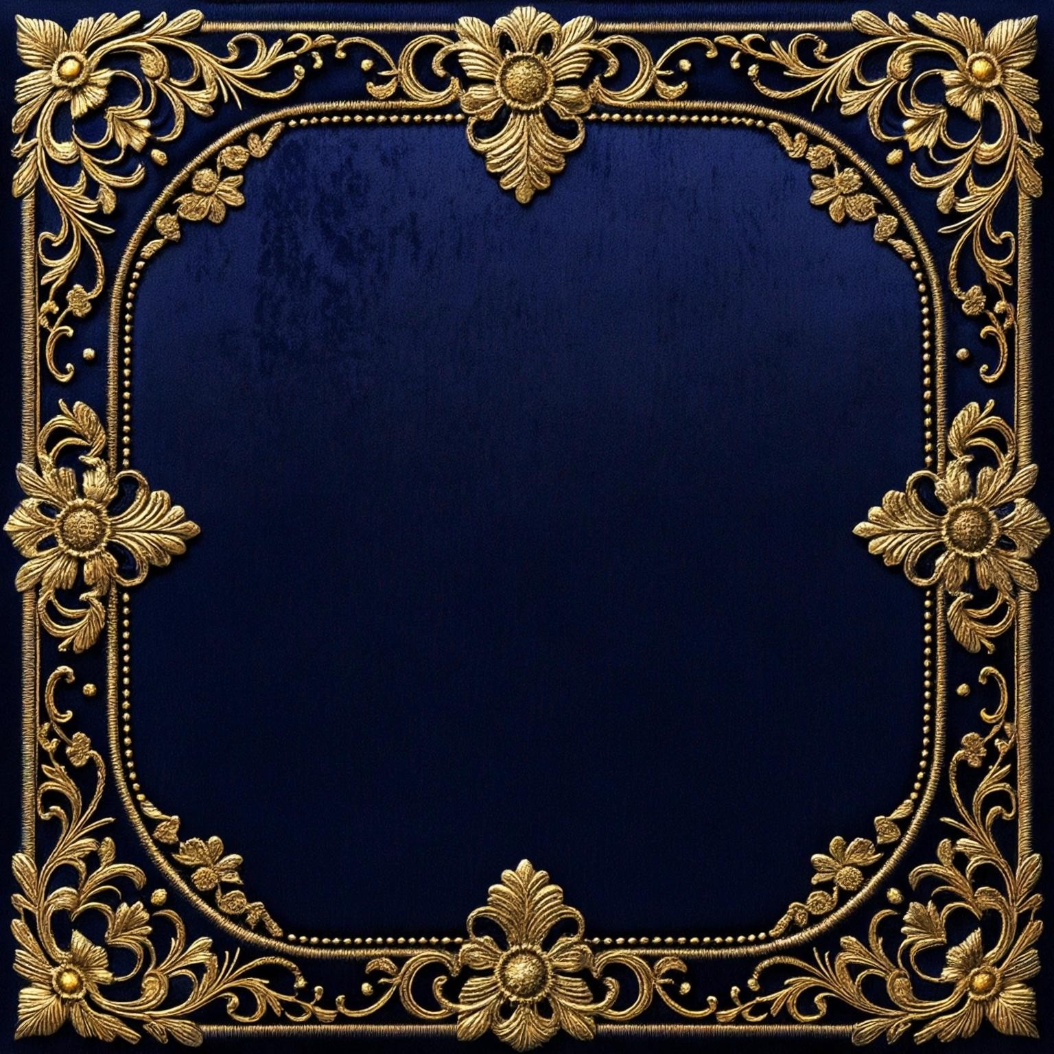 Image with seed 1952198192 generated via Stable Diffusion through @stablehorde@sigmoid.social. Prompt: navy blue crushed velvet background, gold embroidered border, high detail, realistic, background