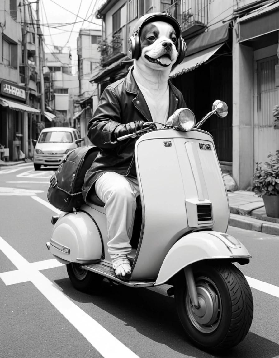Image with seed 940593752 generated via Stable Diffusion through @stablehorde@sigmoid.social. Prompt: (manga, heavy outlines, thick linework, monochrome, flat, black and white:1.2), a dog driving a vespa scooter ###(3d, color)