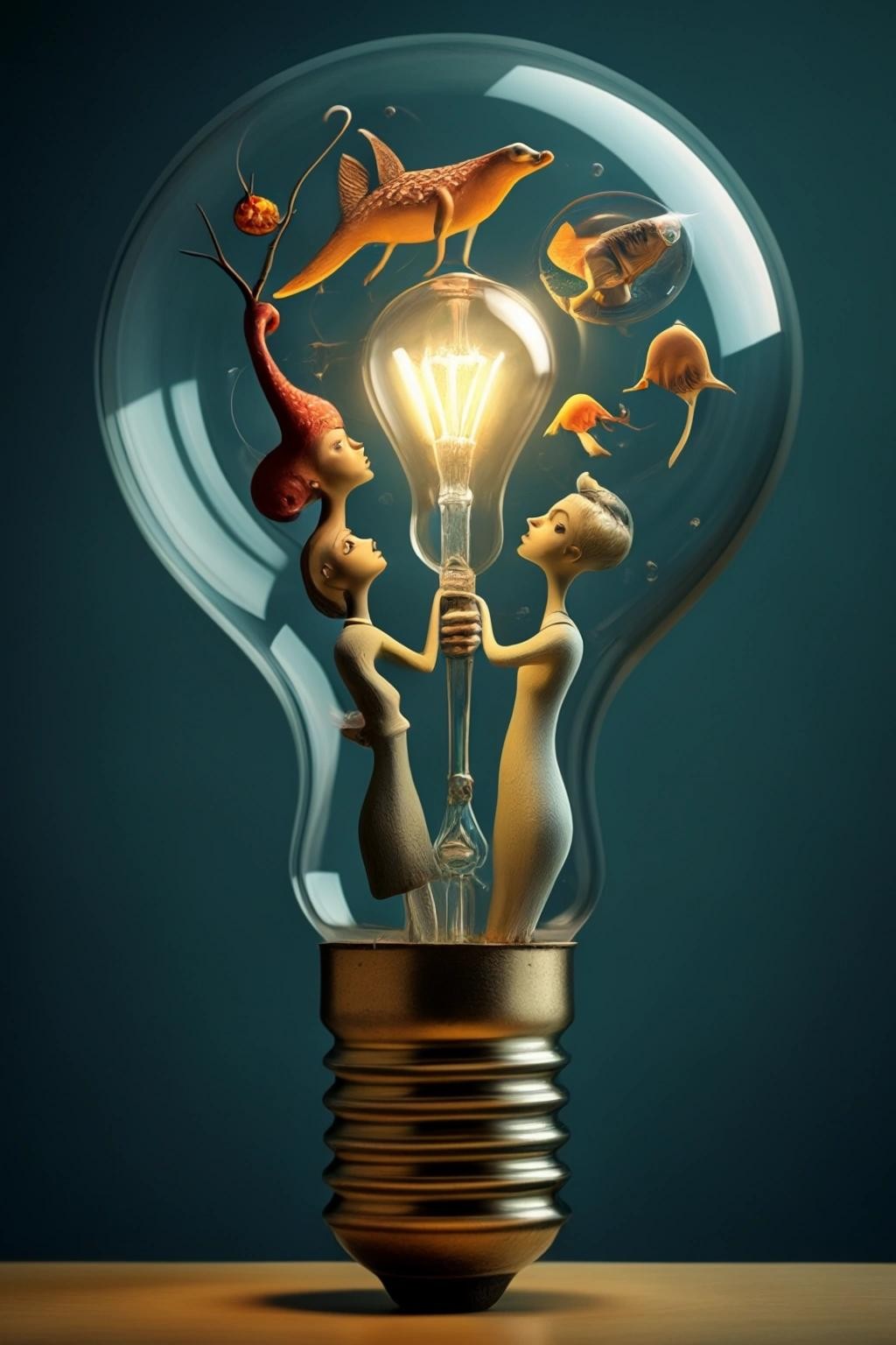 Image with seed 251775528 generated via Stable Diffusion through @stablehorde@sigmoid.social. Prompt: Question: How many surrealists do you need to change a lightbulb? Long Answer: You need three surrealists. One to change the lightbulb, one to hold the giraffe, and one to fill the bathtub with colourful glowing objects. Short Answer: A fish.