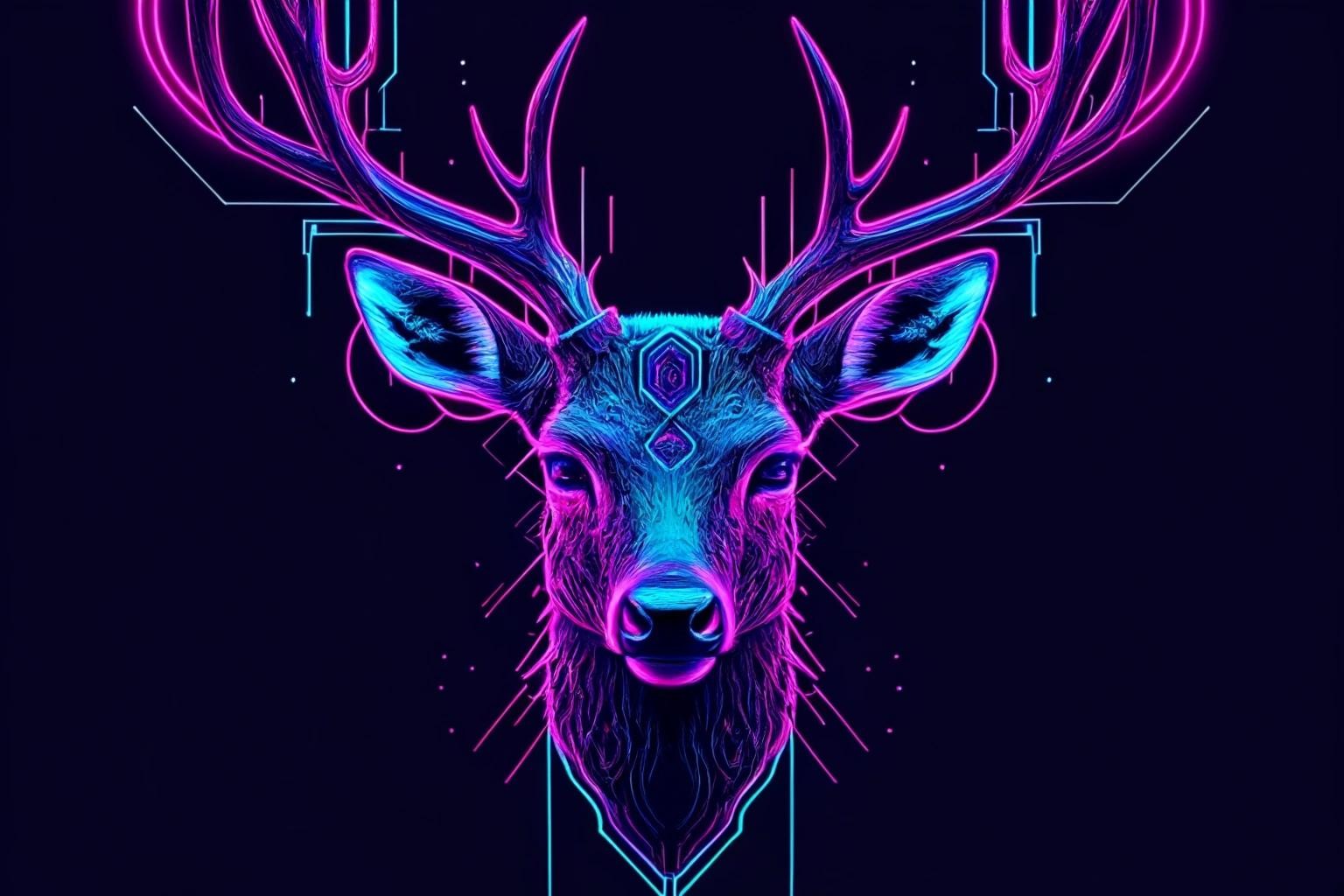 Image with seed 673405887 generated via Stable Diffusion through @stablehorde@sigmoid.social. Prompt: a cyberpunk deer head with antlers using mostly neon blue and magenta