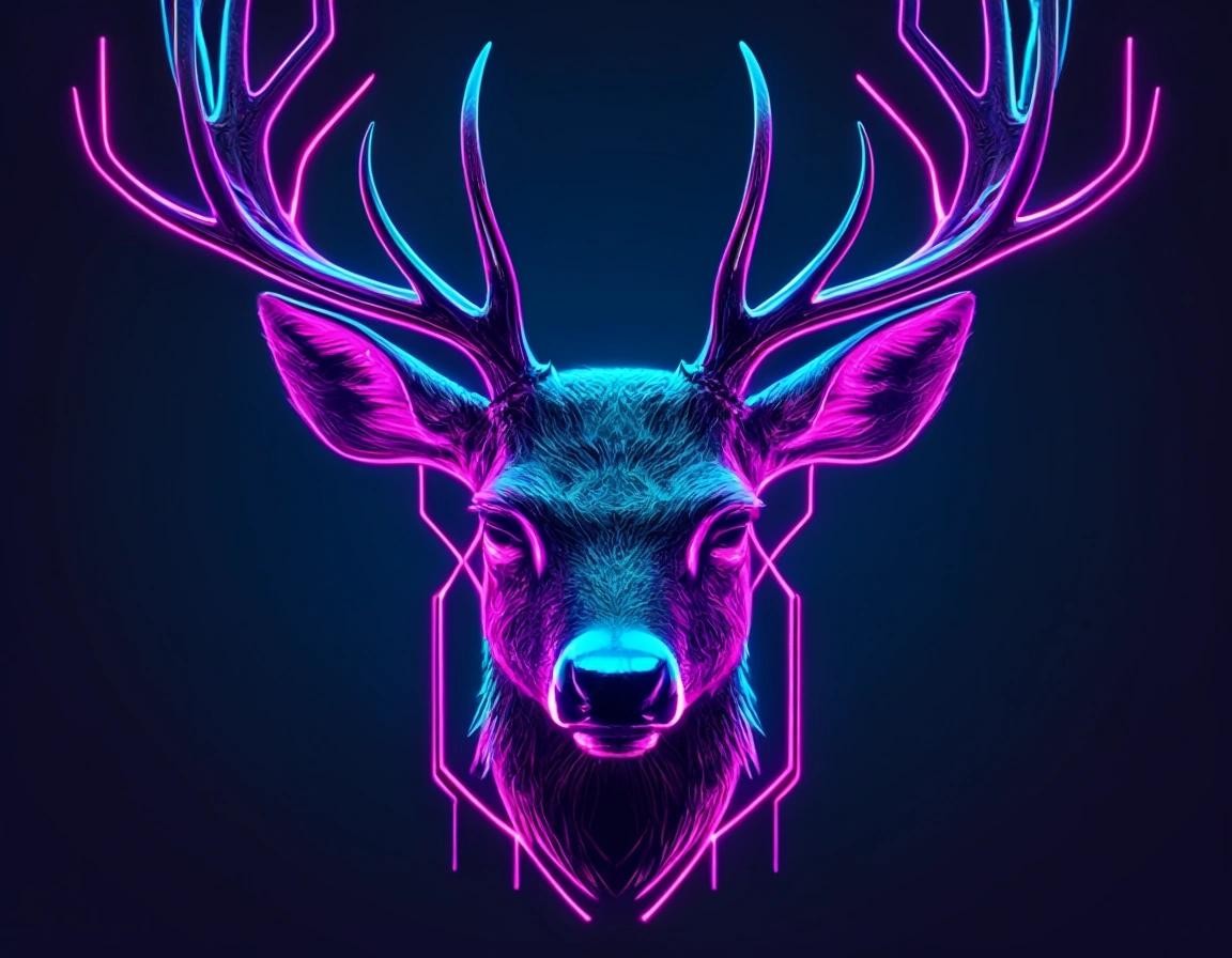 Image with seed 1332063920 generated via Stable Diffusion through @stablehorde@sigmoid.social. Prompt: a cyberpunk deer head with antlers using mostly neon blue and magenta