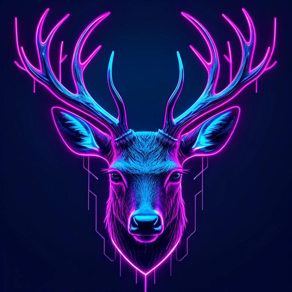 Image with seed 2785241824 generated via Stable Diffusion through @stablehorde@sigmoid.social. Prompt: a cyberpunk deer head with antlers using mostly neon blue and magenta