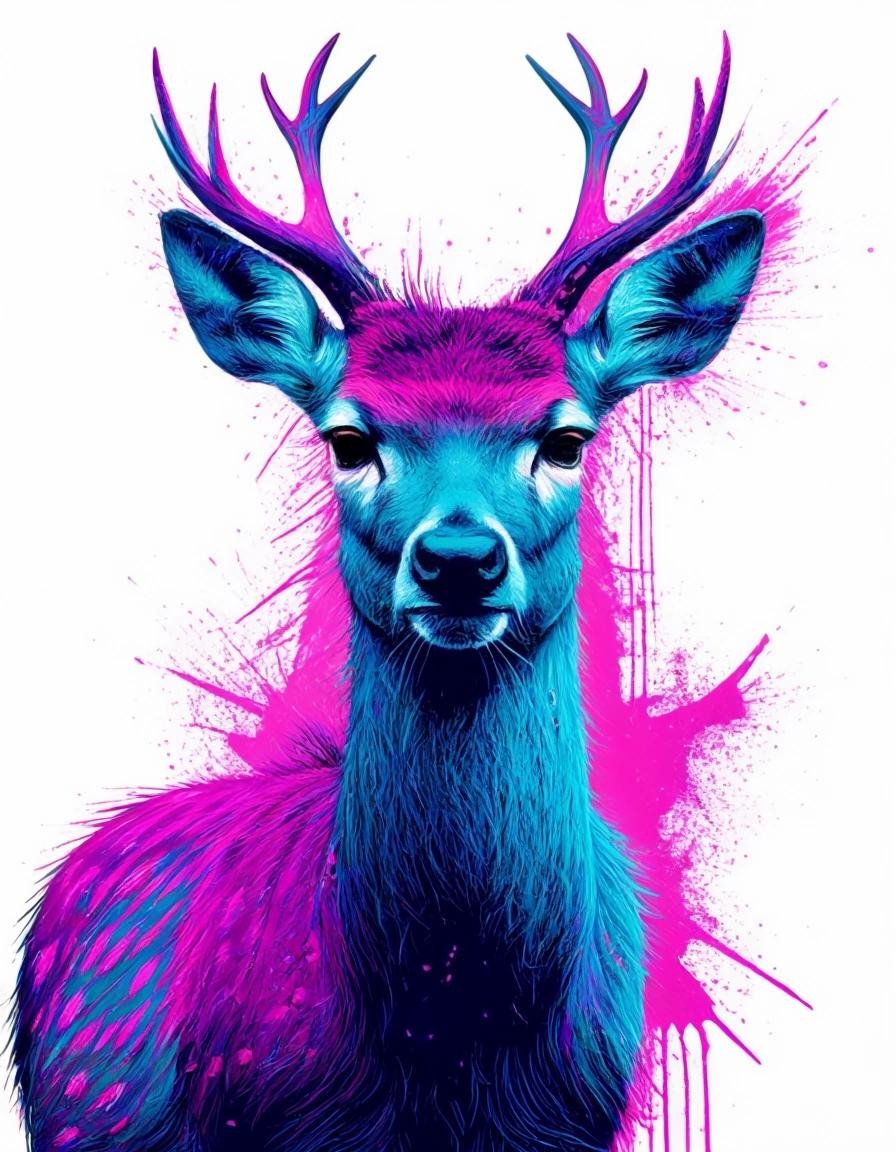 Image with seed 3572094189 generated via Stable Diffusion through @stablehorde@sigmoid.social. Prompt: a punk rock deer in mostly blue and magenta. The deer is angry about climate change