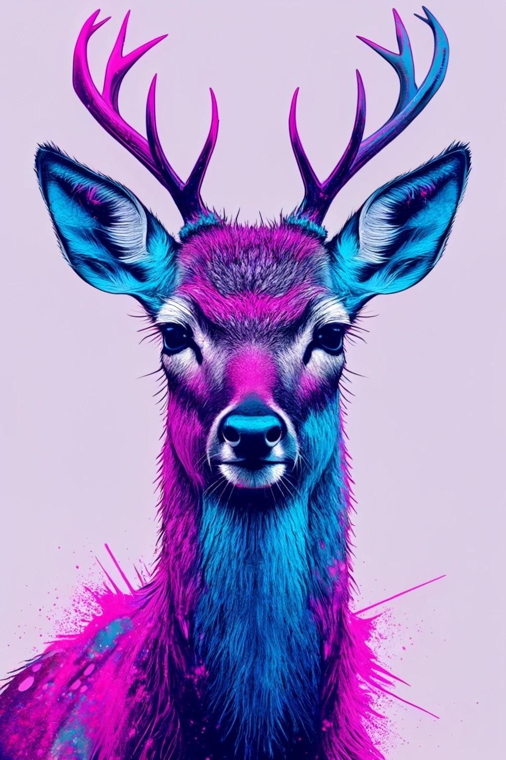 Image with seed 2154908297 generated via Stable Diffusion through @stablehorde@sigmoid.social. Prompt: a punk rock deer in mostly blue and magenta. The deer is angry about climate change