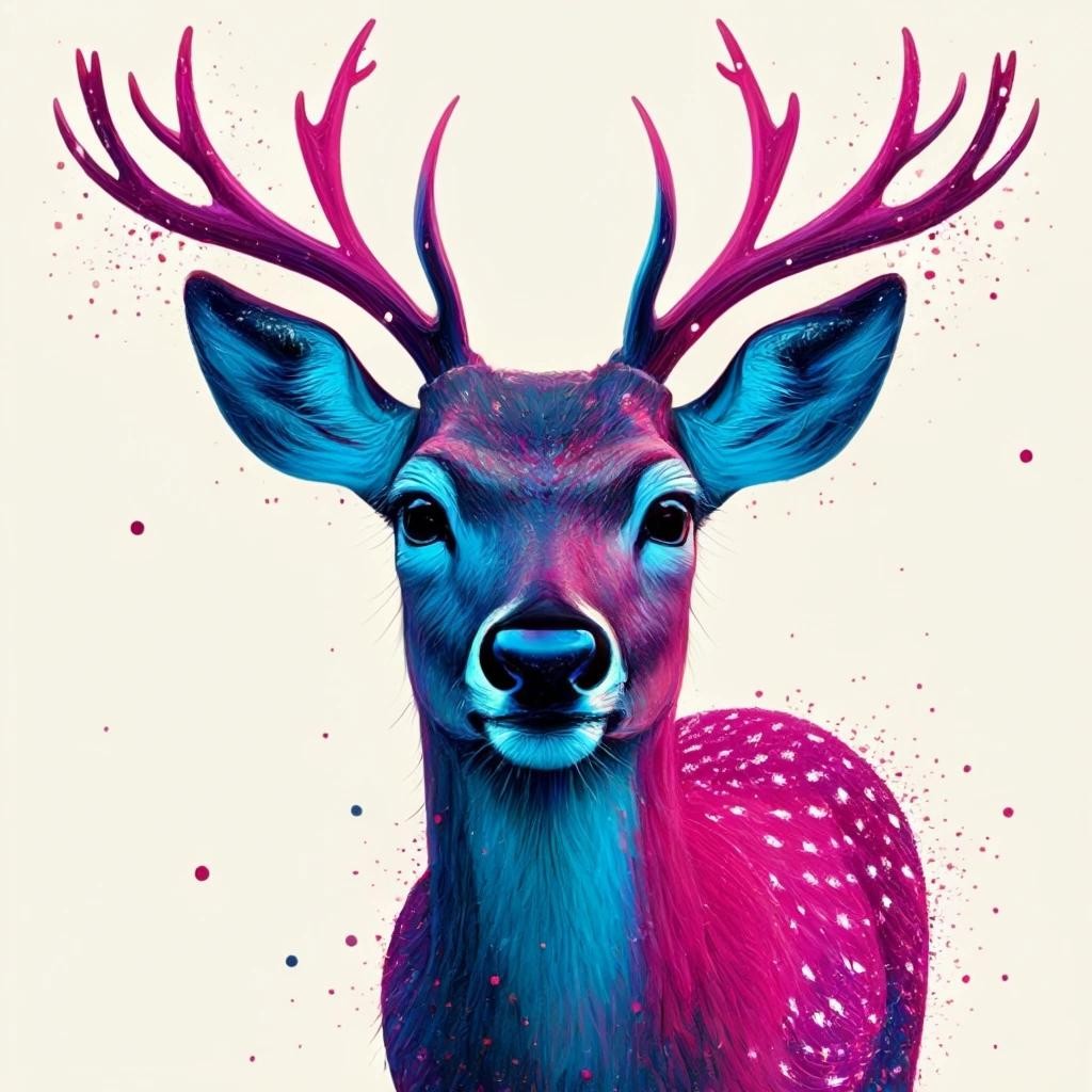 Image with seed 2208639921 generated via Stable Diffusion through @stablehorde@sigmoid.social. Prompt: a deer who’s excited that another animal is being the core of this holiday. Blues magenta and crimson.