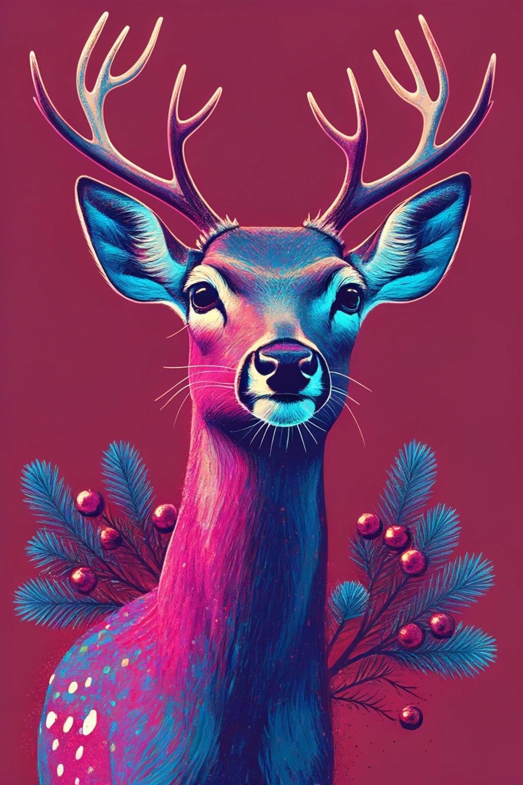 Image with seed 1254658072 generated via Stable Diffusion through @stablehorde@sigmoid.social. Prompt: a deer who’s excited that another animal is being the core of this holiday. Blues magenta and crimson.