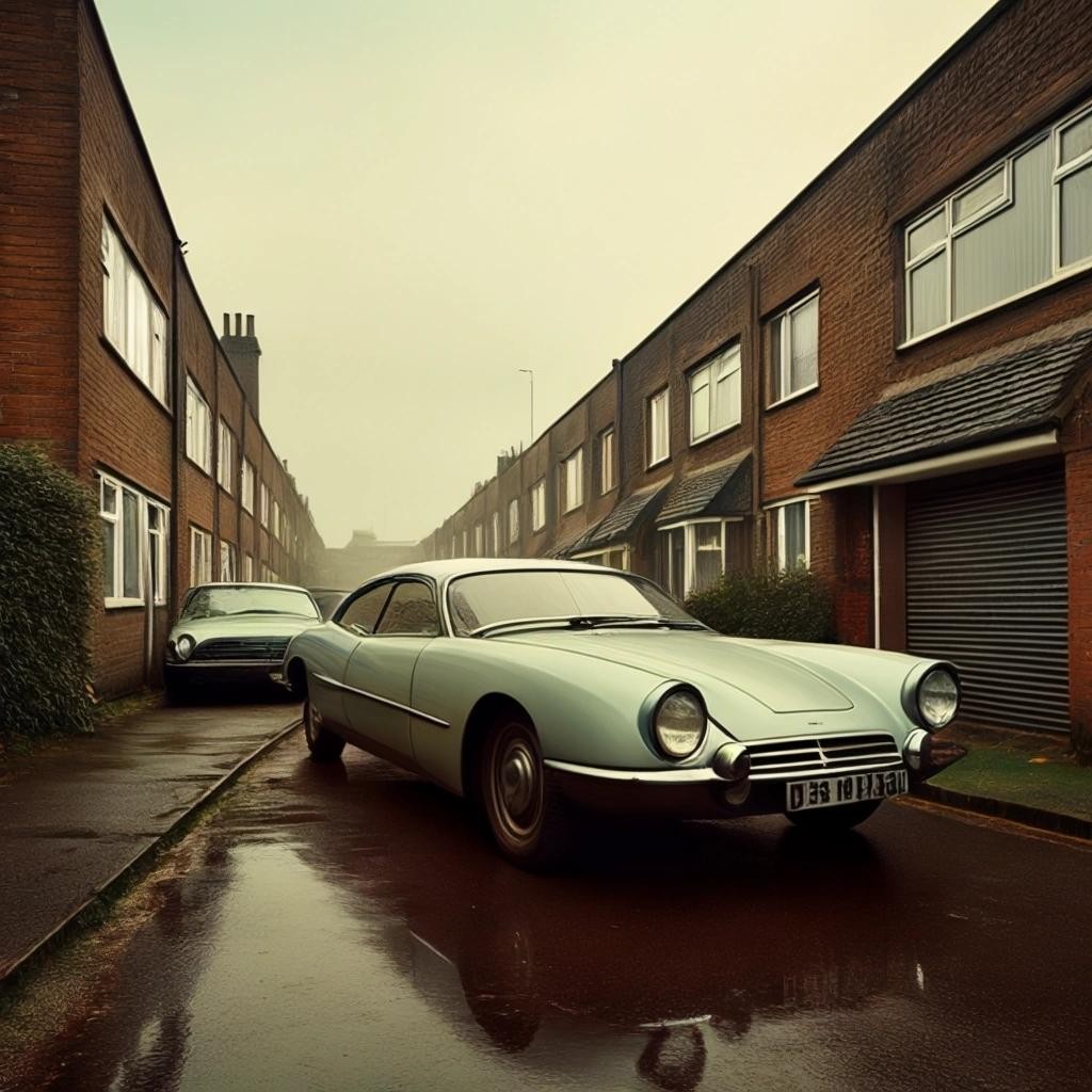 Image with seed 3571002731 generated via Stable Diffusion through @stablehorde@sigmoid.social. Prompt: hovering retro future british cars, dystopian neighbourhood, photograph, scenery 