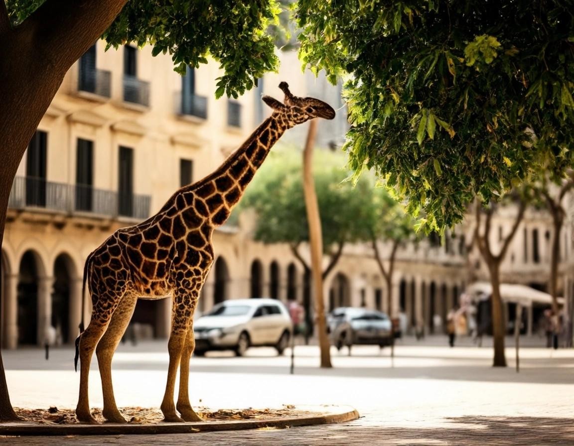 Image with seed 15543705 generated via Stable Diffusion through @stablehorde@sigmoid.social. Prompt: a giraffe eating a leaf from a tree in the middle of plaza Carles III (La Ràpita)