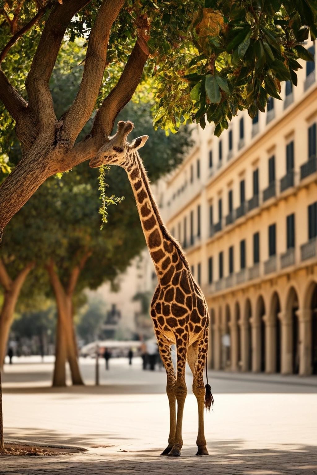 Image with seed 2733859106 generated via Stable Diffusion through @stablehorde@sigmoid.social. Prompt: a giraffe eating a leaf from a tree in the middle of plaza Carles III (La Ràpita)