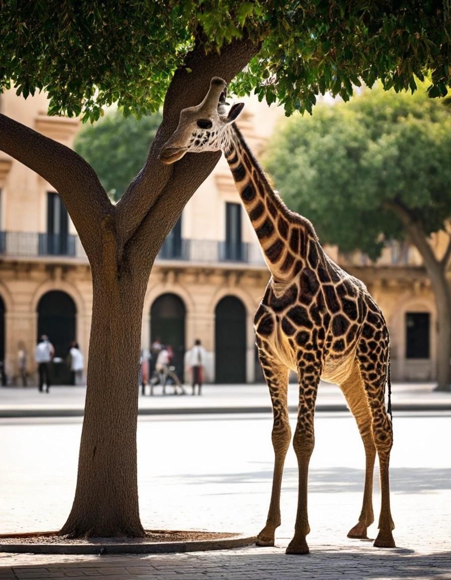 Image with seed 2186314800 generated via Stable Diffusion through @stablehorde@sigmoid.social. Prompt: a giraffe eating a leaf from a tree in the middle of plaza Carles III (La Ràpita)