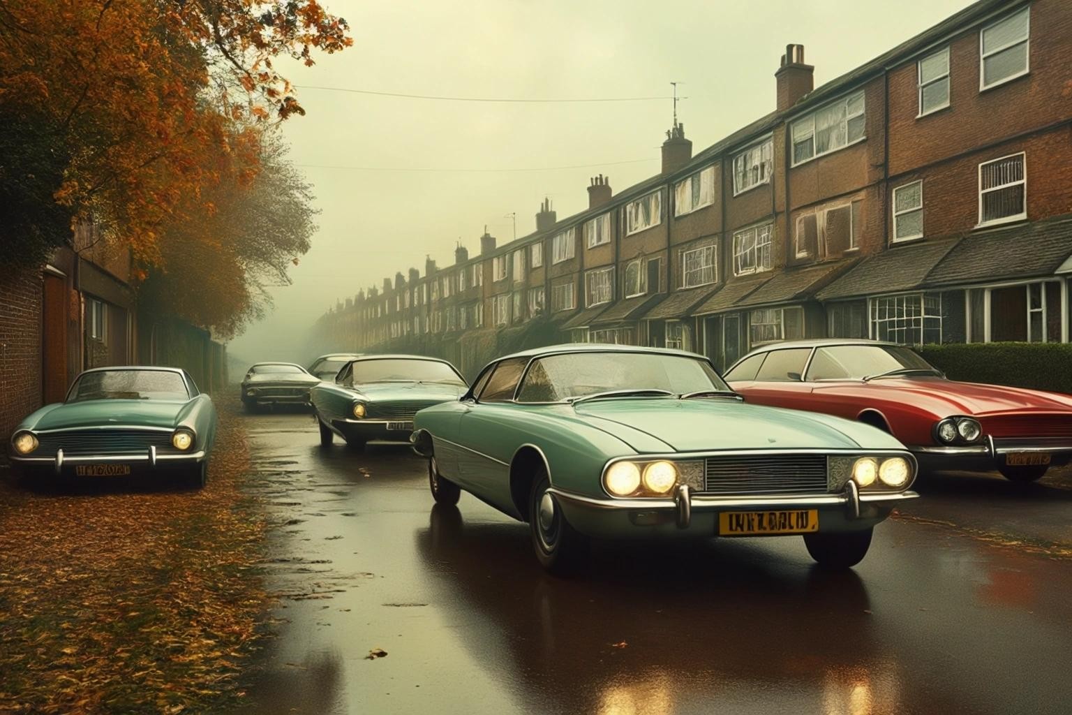 Image with seed 436891620 generated via Stable Diffusion through @stablehorde@sigmoid.social. Prompt: retro future british cars, hovering or floating, dystopian neighbourhood, photograph, scenery###tyres,wheels