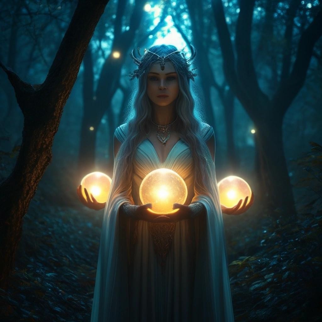 Image with seed 1441306391 generated via Stable Diffusion through @stablehorde@sigmoid.social. Prompt: Elven Priestess standing between two glowing orbs in a magical grove at night