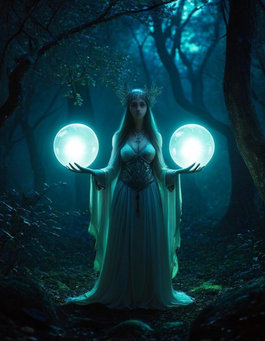 Image with seed 1630854584 generated via Stable Diffusion through @stablehorde@sigmoid.social. Prompt: Elven Priestess standing between two glowing orbs in a magical grove at night