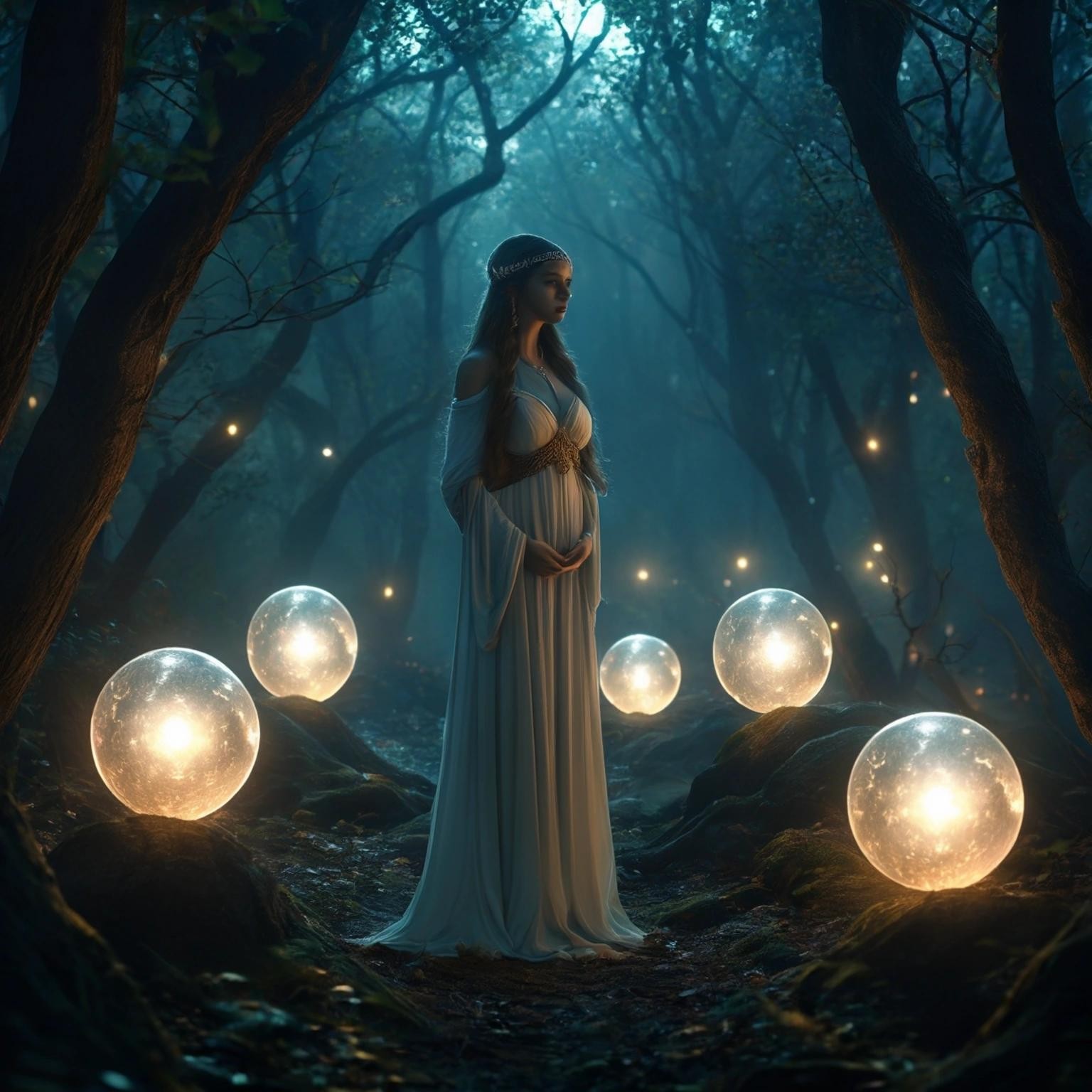 Image with seed 840180802 generated via Stable Diffusion through @stablehorde@sigmoid.social. Prompt: Elven Priestess standing between two glowing orbs in a magical grove at night