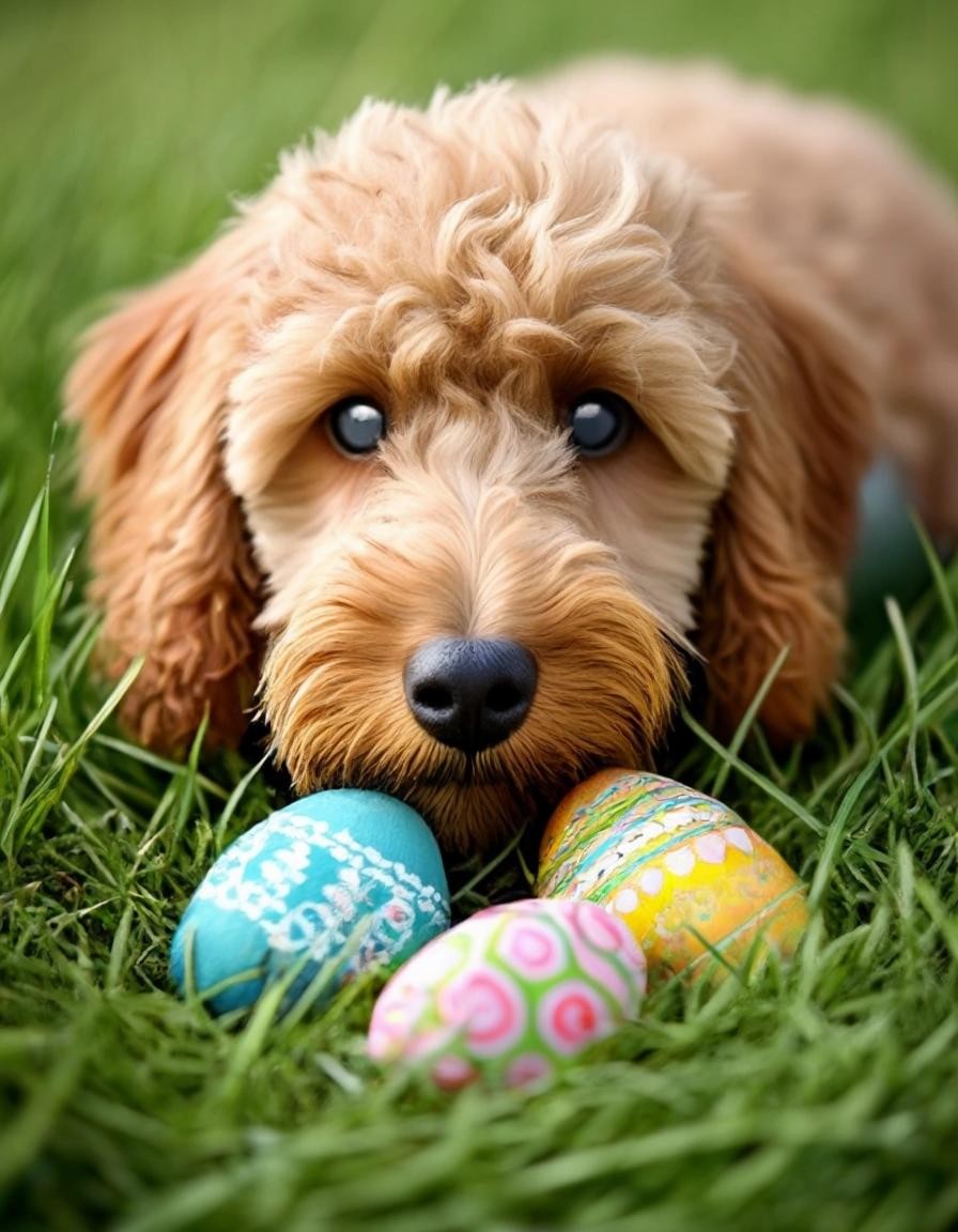 Image with seed 1822488940 generated via Stable Diffusion through @stablehorde@sigmoid.social. Prompt: a golden doodle hiding easter eggs in the grass.