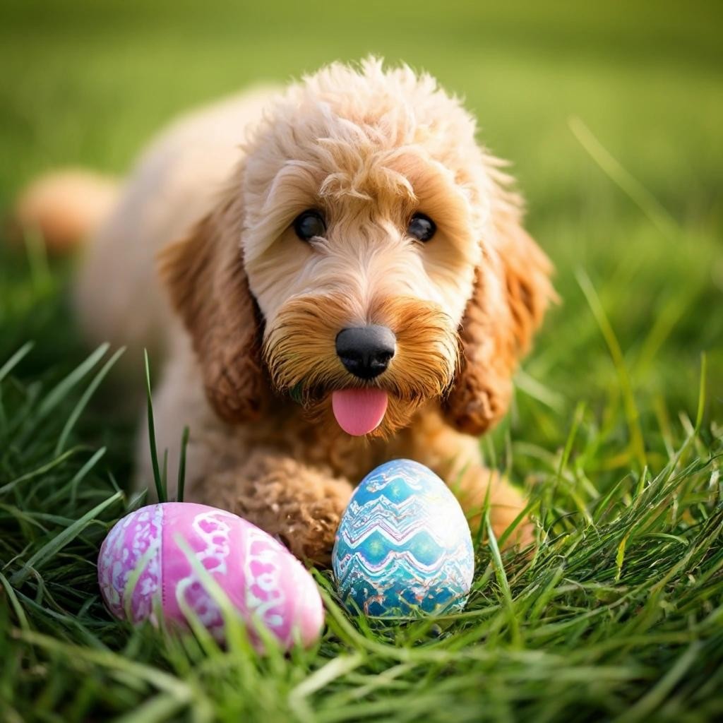 Image with seed 2153659983 generated via Stable Diffusion through @stablehorde@sigmoid.social. Prompt: a golden doodle hiding easter eggs in the grass.