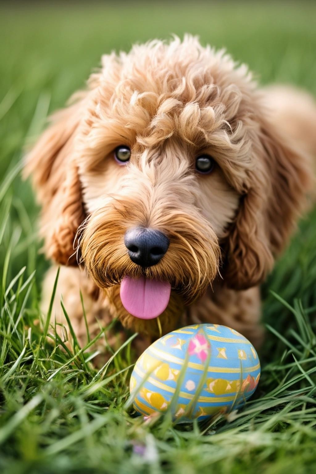 Image with seed 2946100819 generated via Stable Diffusion through @stablehorde@sigmoid.social. Prompt: a golden doodle hiding easter eggs in the grass.