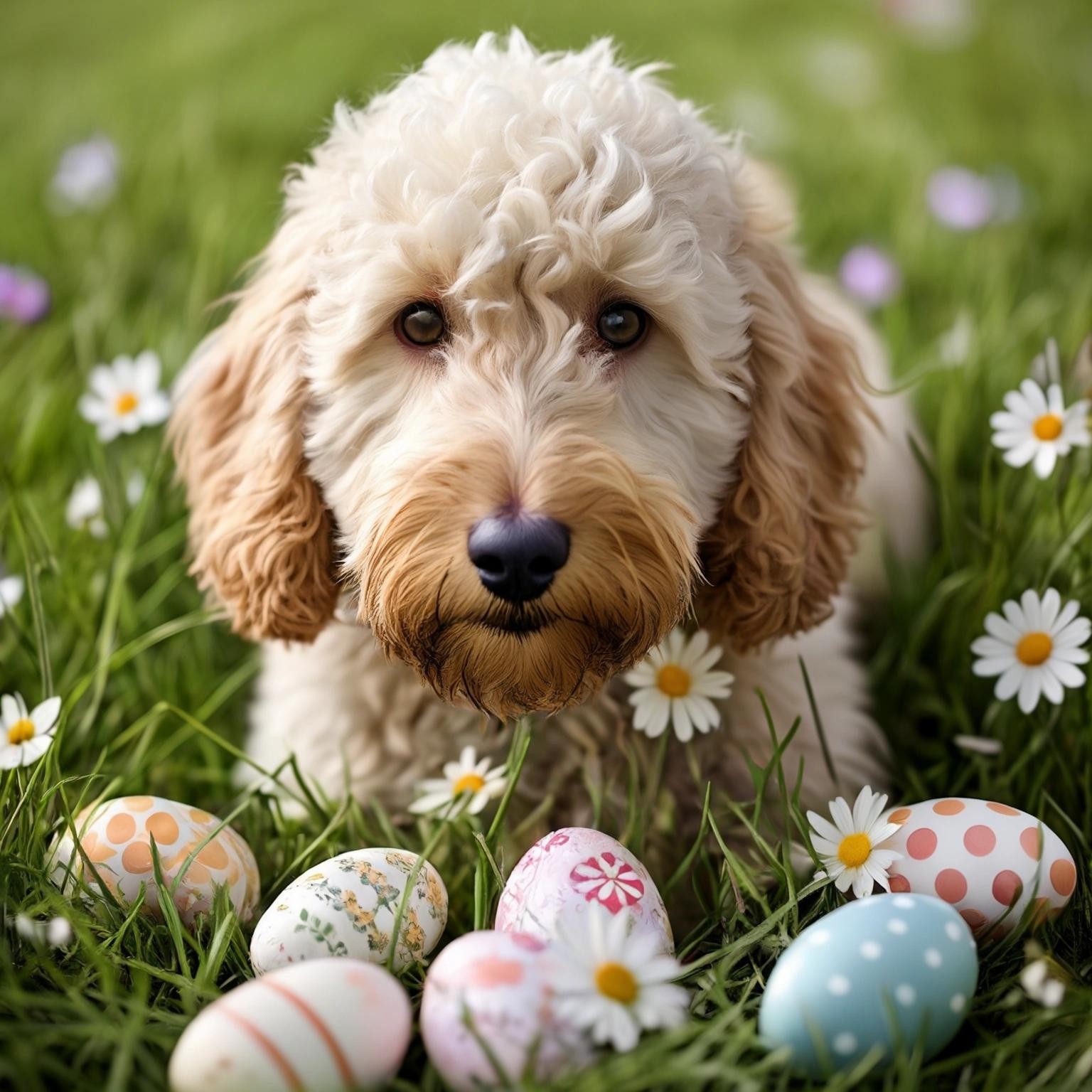 Image with seed 1463059188 generated via Stable Diffusion through @stablehorde@sigmoid.social. Prompt: a golden doodle with creme white mostly straight hair hiding easter eggs in the grass with some flowers.