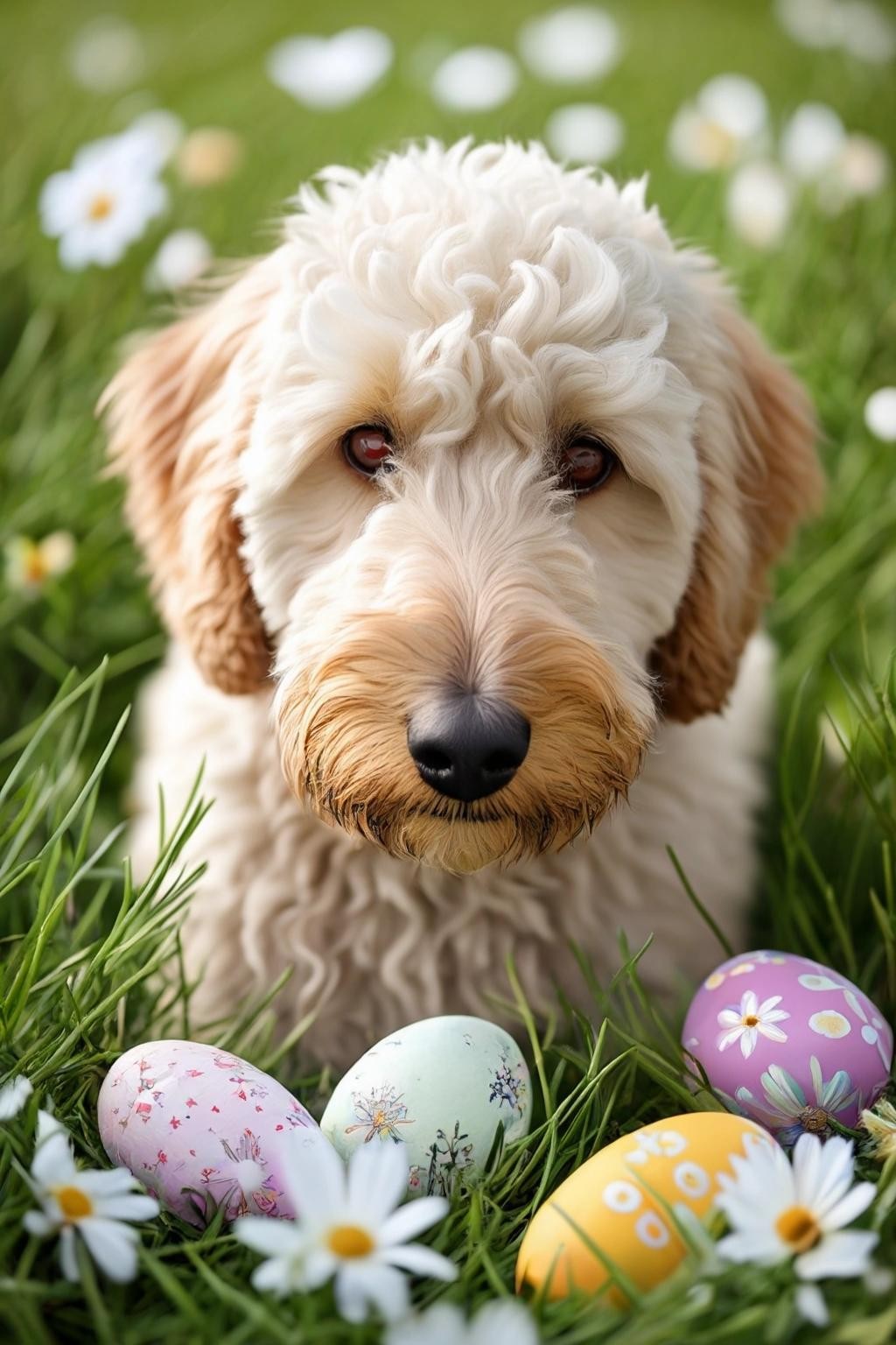 Image with seed 404126100 generated via Stable Diffusion through @stablehorde@sigmoid.social. Prompt: a golden doodle with creme white mostly straight hair hiding easter eggs in the grass with some flowers.
