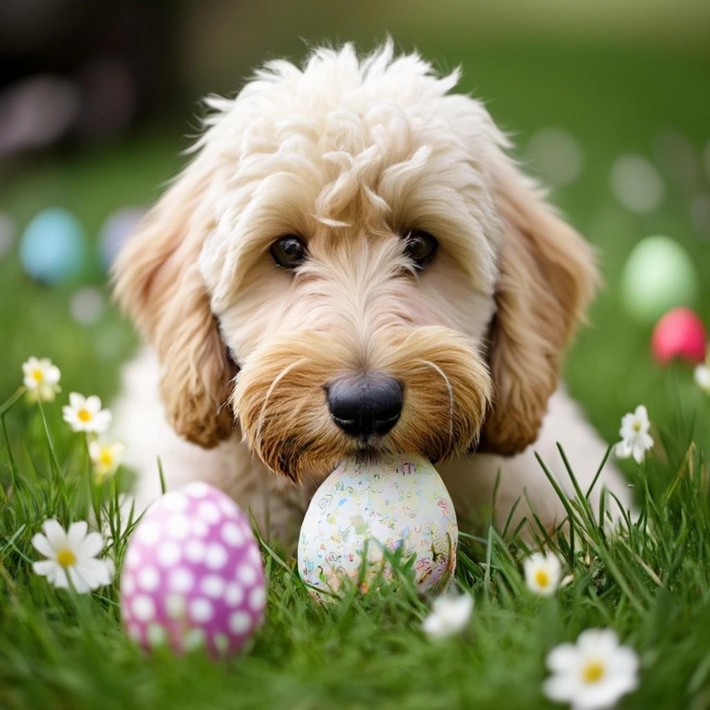 Image with seed 1475414049 generated via Stable Diffusion through @stablehorde@sigmoid.social. Prompt: a golden doodle with creme white mostly straight hair hiding easter eggs in the grass with some flowers.