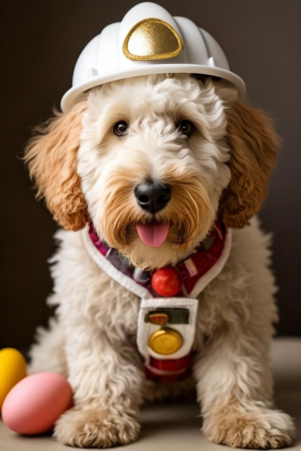 Image with seed 1986328818 generated via Stable Diffusion through @stablehorde@sigmoid.social. Prompt: a golden doodle with white fur dressed up as a fire fighter hiding easter eggs.