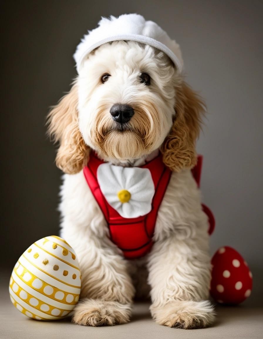 Image with seed 1202800369 generated via Stable Diffusion through @stablehorde@sigmoid.social. Prompt: a golden doodle with white fur dressed up as a fire fighter hiding easter eggs.