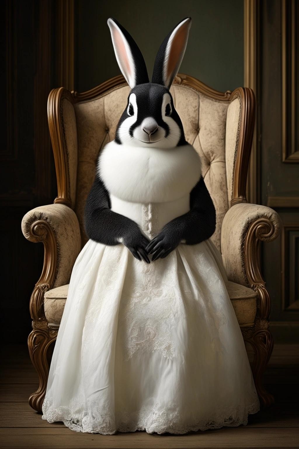 Image with seed 2655030737 generated via Stable Diffusion through @stablehorde@sigmoid.social. Prompt: a penguin in a rabbit costume with a bride smiling in an old english Armchair.