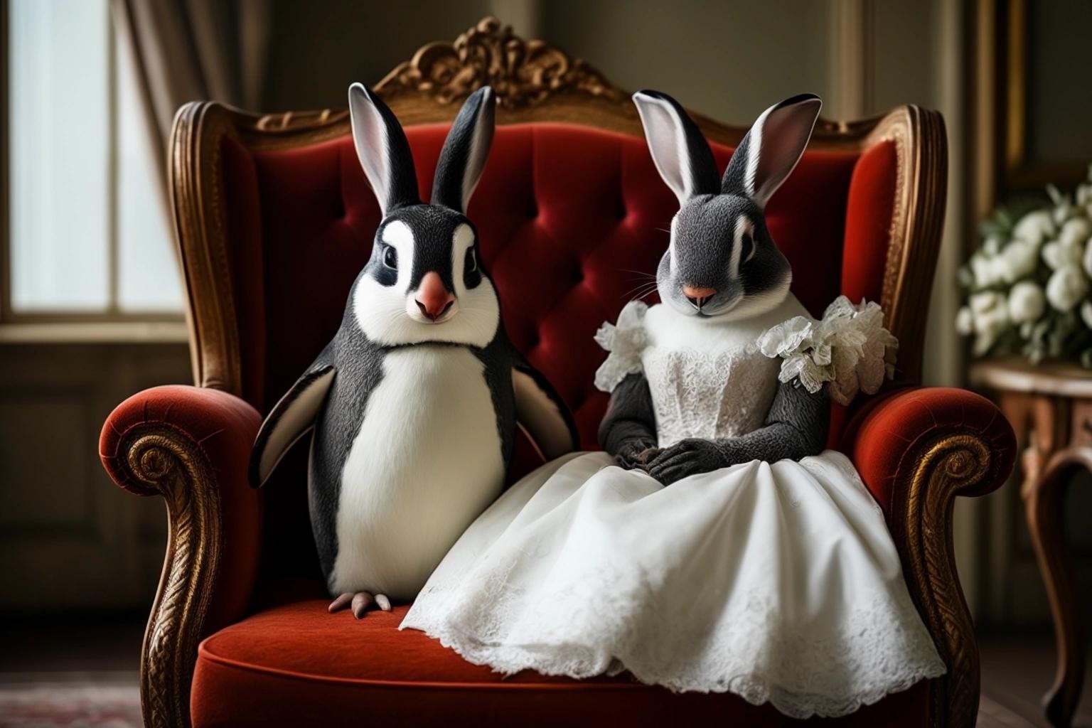 Image with seed 474761798 generated via Stable Diffusion through @stablehorde@sigmoid.social. Prompt: a penguin in a rabbit costume with a bride smiling in an old english Armchair.