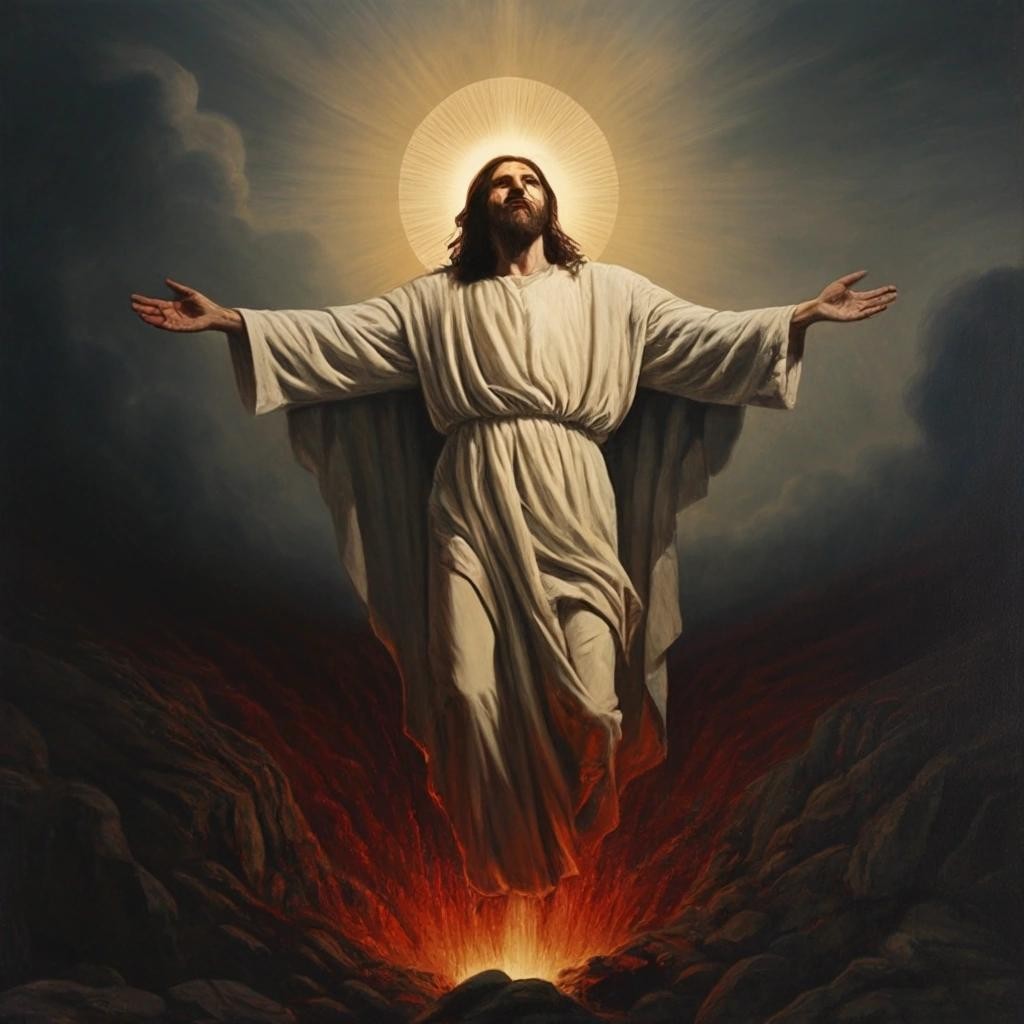 Image with seed 3898225518 generated via Stable Diffusion through @stablehorde@sigmoid.social. Prompt: Jesus rising from the dead