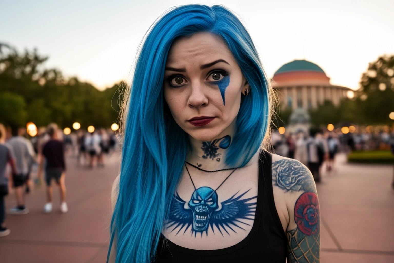 Image with seed 2978687812 generated via Stable Diffusion through @stablehorde@sigmoid.social. Prompt: a woke liberal with blue hair and marvel tattoos rising from the dead at Epcot center