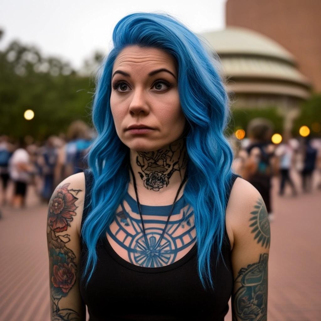 Image with seed 3114776152 generated via Stable Diffusion through @stablehorde@sigmoid.social. Prompt: a woke liberal with blue hair and marvel tattoos rising from the dead at Epcot center