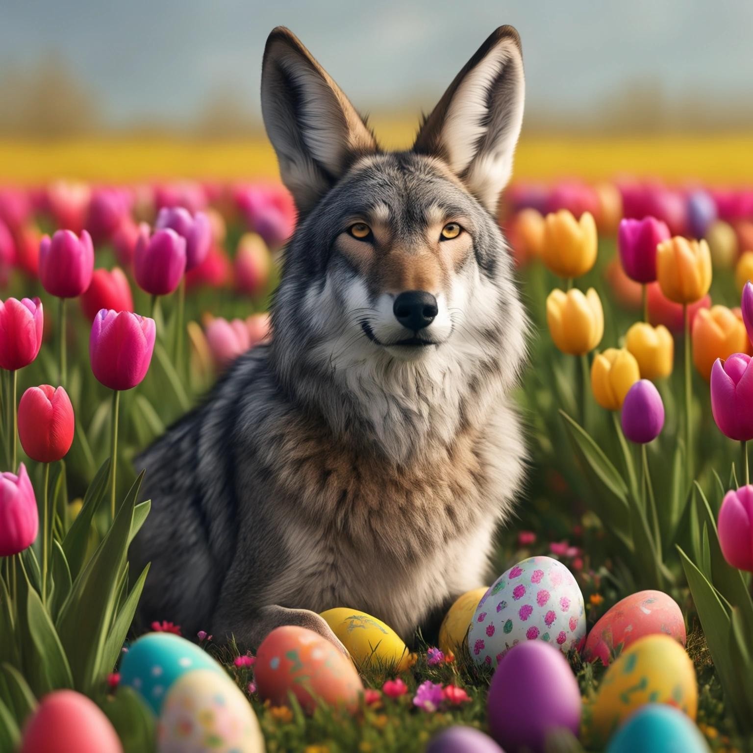 Image with seed 1724834335 generated via Stable Diffusion through @stablehorde@sigmoid.social. Prompt: a wolf with rabbit ears sitting on eggs in a colorful field of tulips