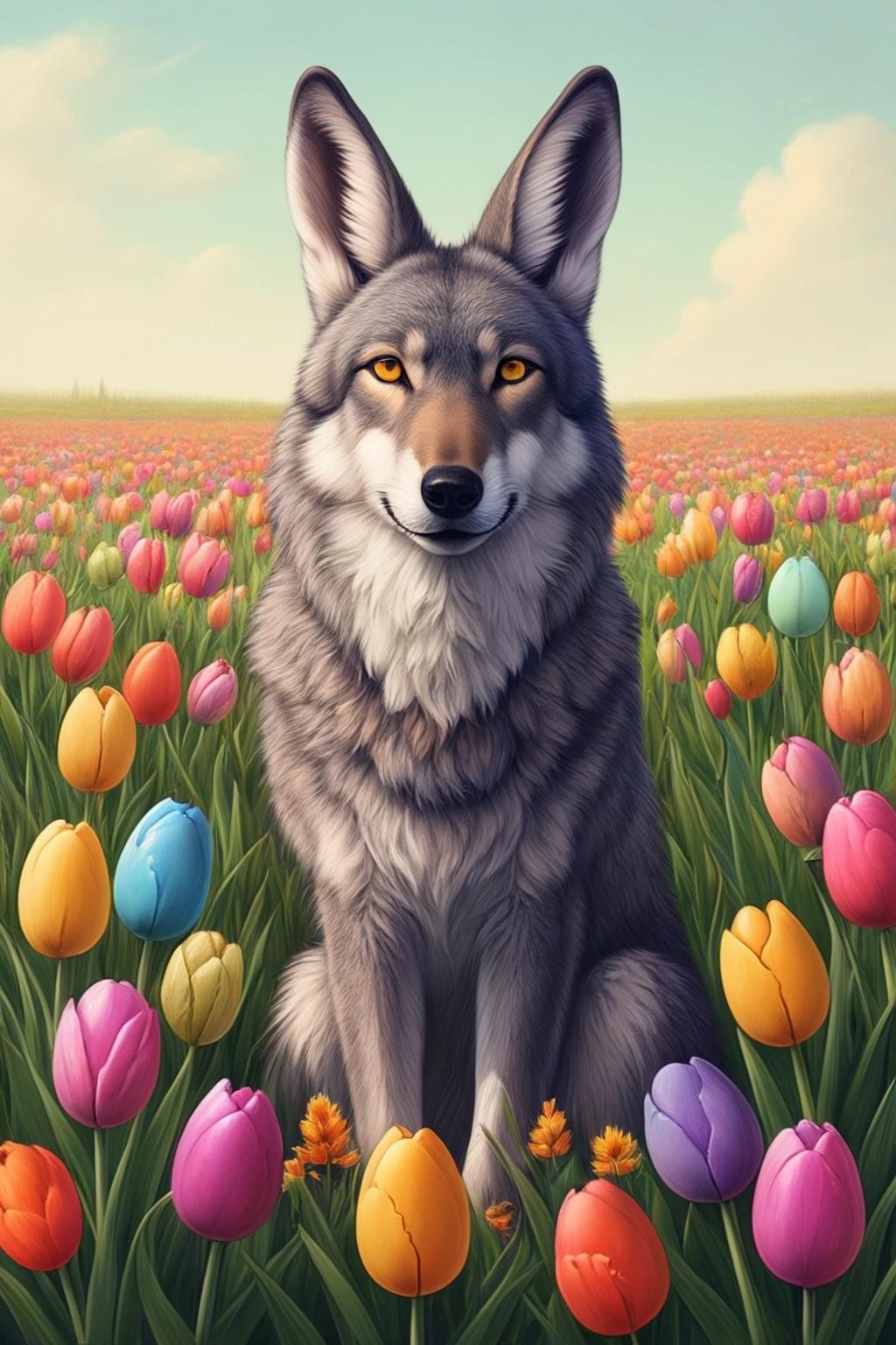 Image with seed 3951846345 generated via Stable Diffusion through @stablehorde@sigmoid.social. Prompt: a wolf with rabbit ears sitting on eggs in a colorful field of tulips