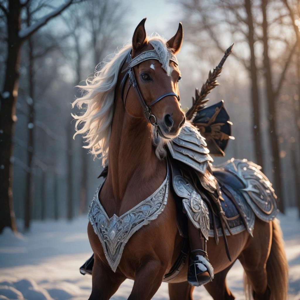 Image with seed 2423646352 generated via Stable Diffusion through @stablehorde@sigmoid.social. Prompt: beautiful warrior fairy, portrait, up close, cinematic, snowy background, dramatic lighting, highly detailed, very intricate, meta, fanciful, optimistic, wide shot, volumetric lighting, bokeh blur, unreal engine, octane render (a fursuit, flying horse :0.01) ### deformed, ugly, mutated, watermark, trademark, border, nude, NSFW, naked, porn, 