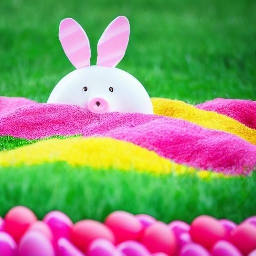 Image with seed 2360230074 generated via Stable Diffusion through @stablehorde@sigmoid.social. Prompt: a little pig with rabbit ears in a field of colored eggs in sunshine 