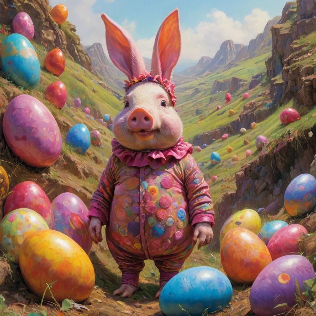 Image with seed 3158787579 generated via Stable Diffusion through @stablehorde@sigmoid.social. Prompt: (Birthday-themed:1.3), a pig in a rabbit costume standing by a hill of colored eggs , art by Sophie Anderson and Guy Denning and Lisa Frank###, boring, bw, loli, teen