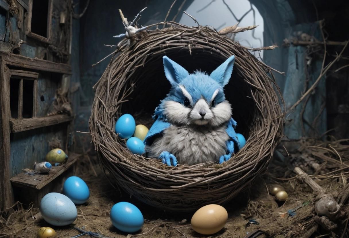 Image with seed 3545193212 generated via Stable Diffusion through @stablehorde@sigmoid.social. Prompt: dystopian style a Blue tit in a rabbit costume sitting in a Nest with colored eggs  . bleak, post-apocalyptic, somber, dramatic, highly detailed###,ugly, deformed, noisy, blurry, low contrast, cheerful, optimistic, vibrant, colorful