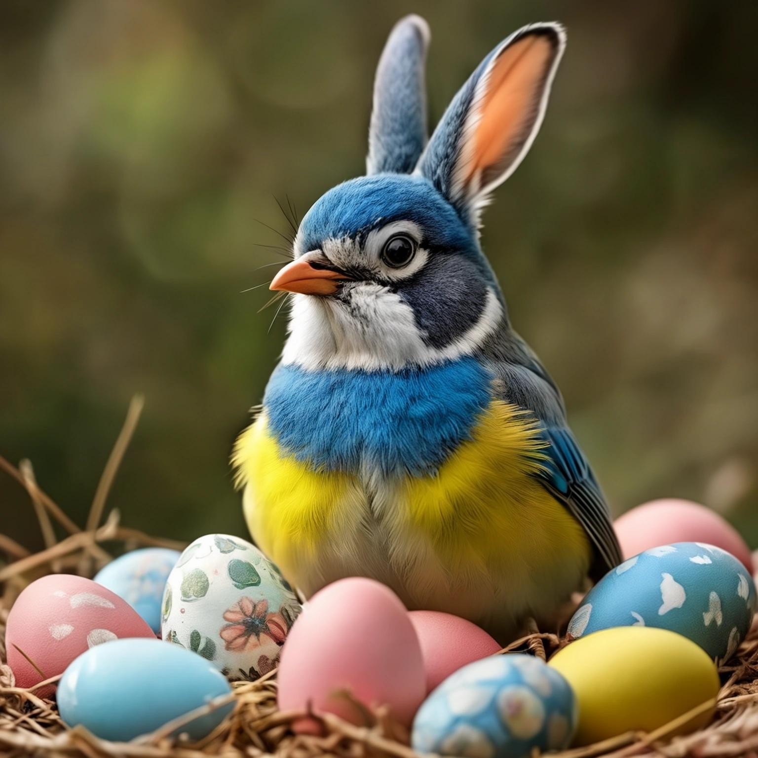 Image with seed 922521215 generated via Stable Diffusion through @stablehorde@sigmoid.social. Prompt: a Blue tit with rabbit ears sitting between colored eggs