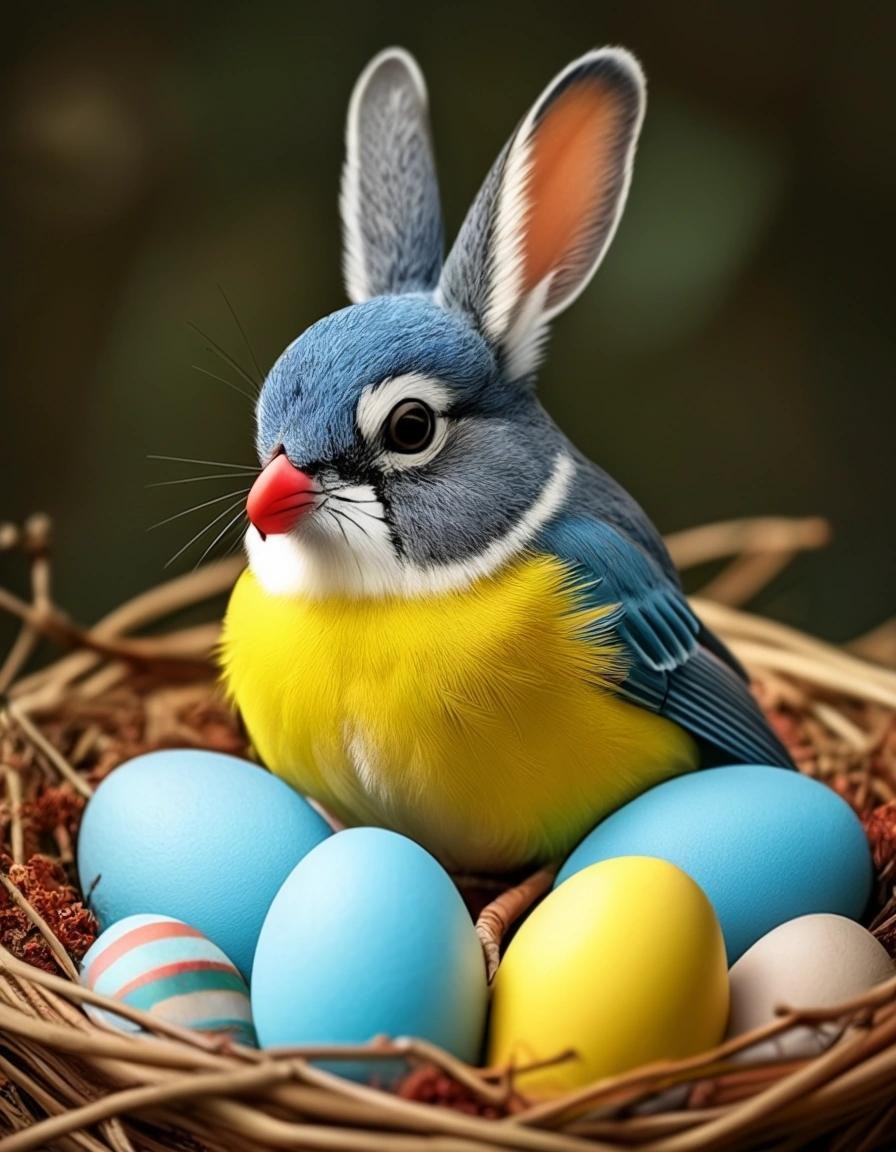 Image with seed 2891388602 generated via Stable Diffusion through @stablehorde@sigmoid.social. Prompt: a Blue tit with rabbit ears sitting between colored eggs
